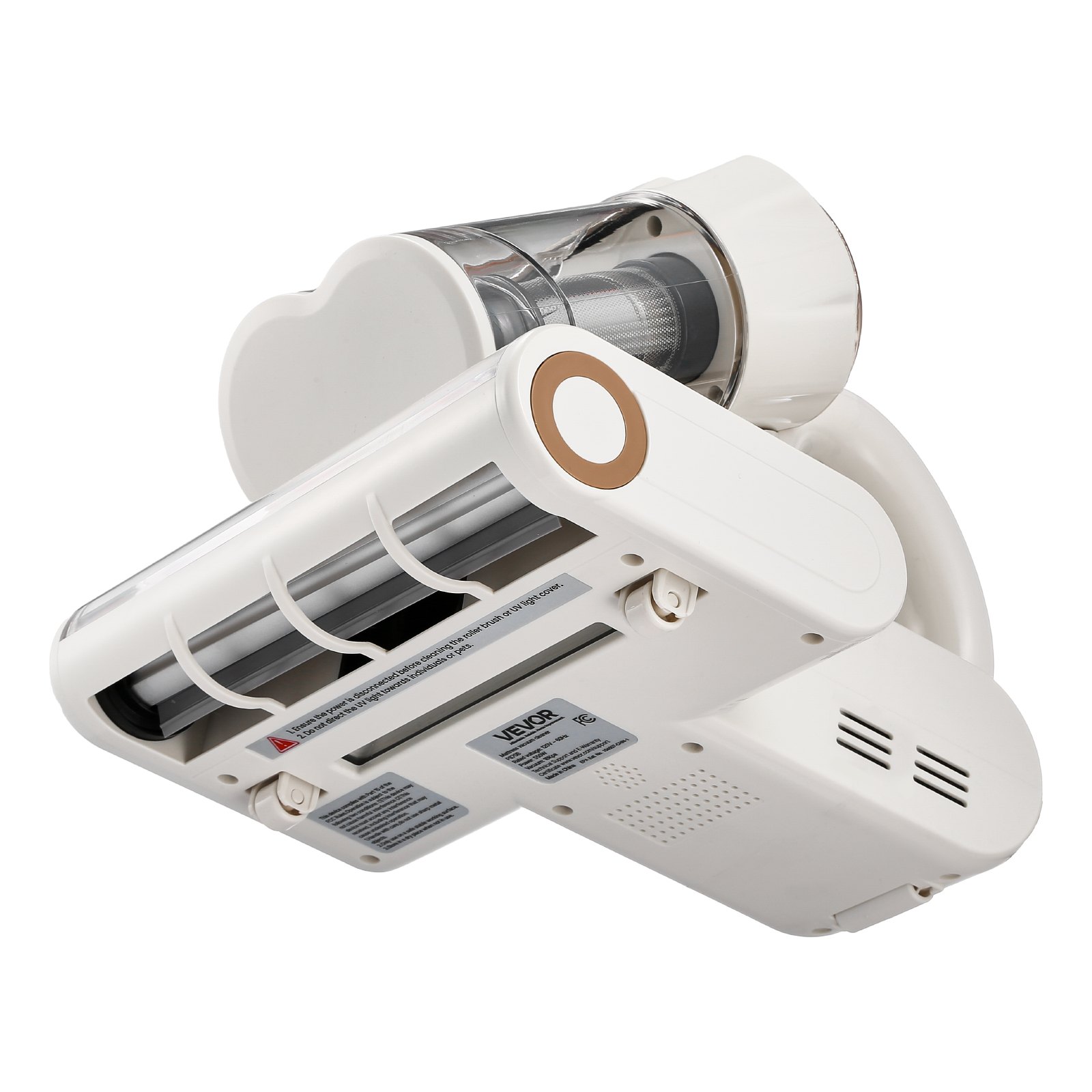 VEVOR Aspiradora de Colchones de 550 W con Potente Succión de 18 kPa Doble Depósito de Polvo Filtro HEPA y Calefacción Tecnología Ultrasónica y Luces de Limpieza con Cable para Cama, Sofá, Blanco