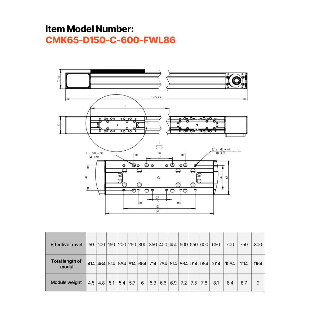 VEVOR Riel de Guía Lineal 600 mm Transmisión por Correa, Actuador de Movimiento Lineal CNC con Motor Paso a Paso Nema34 de Alta Velocidad, para Máquina de Grabado, Fresadora CNC, Impresora 3D