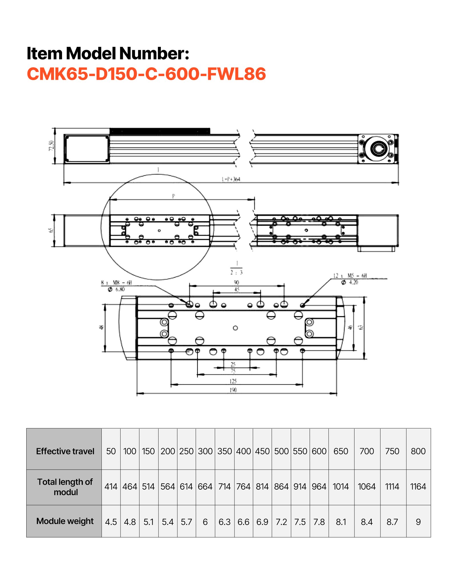 VEVOR Riel de Guía Lineal 600 mm Transmisión por Correa, Actuador de Movimiento Lineal CNC con Motor Paso a Paso Nema34 de Alta Velocidad, para Máquina de Grabado, Fresadora CNC, Impresora 3D