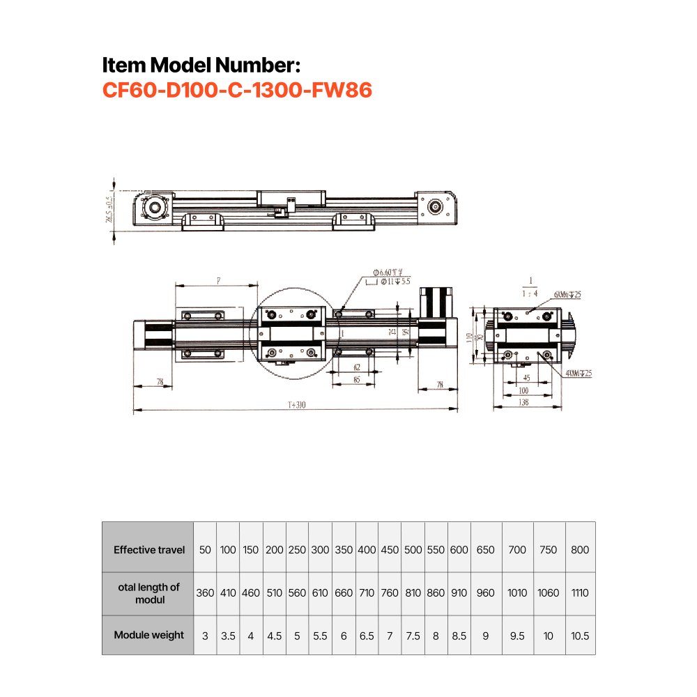 VEVOR Riel de Guía Lineal 1300 mm Transmisión por Correa, Actuador de Movimiento Lineal CNC con Motor Paso a Paso Nema34 de Alta Velocidad, para Máquina de Grabado, Fresadora CNC, Impresora 3D