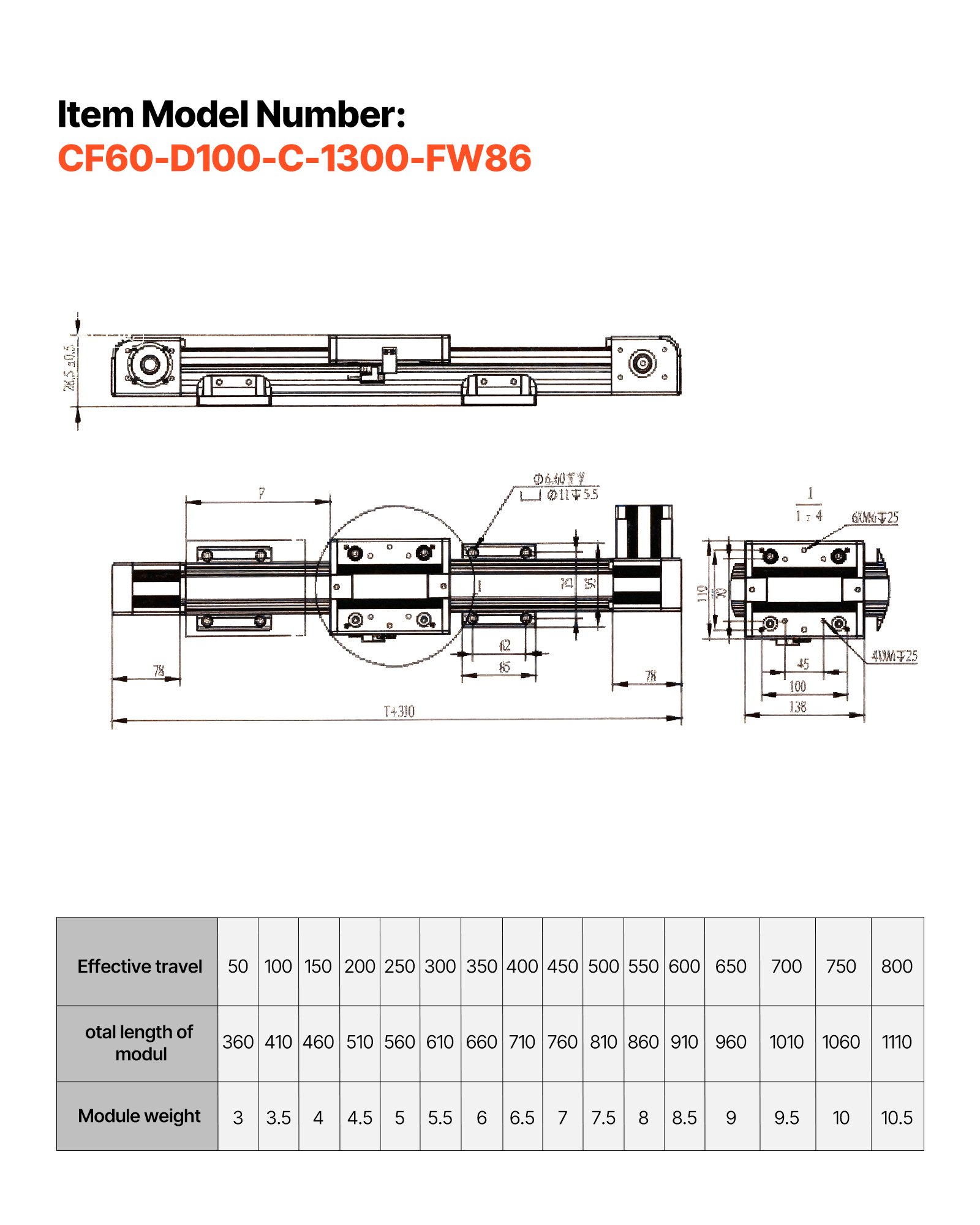 VEVOR Riel de Guía Lineal 1300 mm Transmisión por Correa, Actuador de Movimiento Lineal CNC con Motor Paso a Paso Nema34 de Alta Velocidad, para Máquina de Grabado, Fresadora CNC, Impresora 3D
