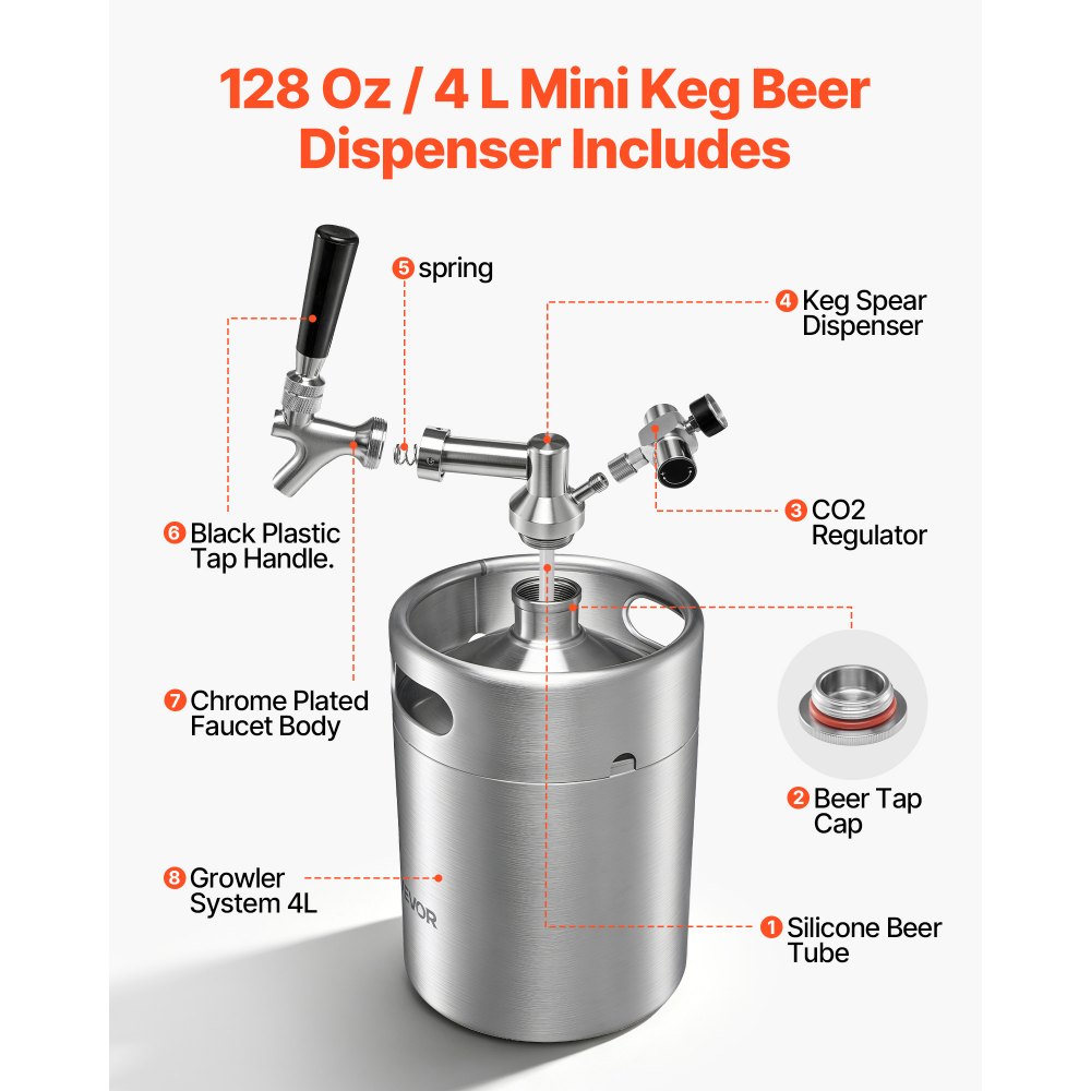 VEVOR Mini Barril Dispensador de Cerveza de 4 L de Acero Inoxidable 304, Con Regulador de CO₂ y Grifo de Cierre Automático, Compatible con Cartuchos de CO₂ de 16 g (No Incluido), Para Fiesta, Hogar