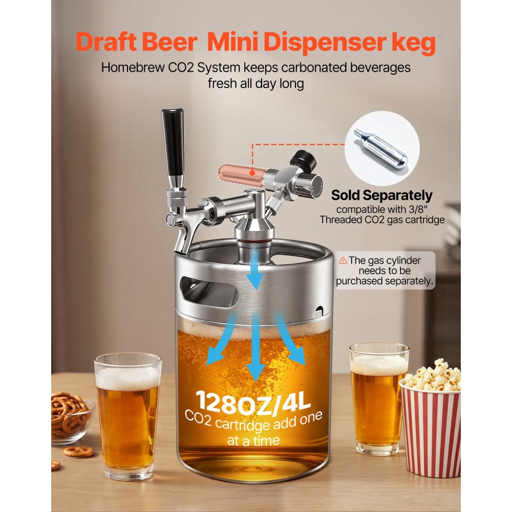 VEVOR Mini Barril Dispensador de Cerveza de 4 L de Acero Inoxidable 304, Con Regulador de CO₂ y Grifo de Cierre Automático, Compatible con Cartuchos de CO₂ de 16 g (No Incluido), Para Fiesta, Hogar