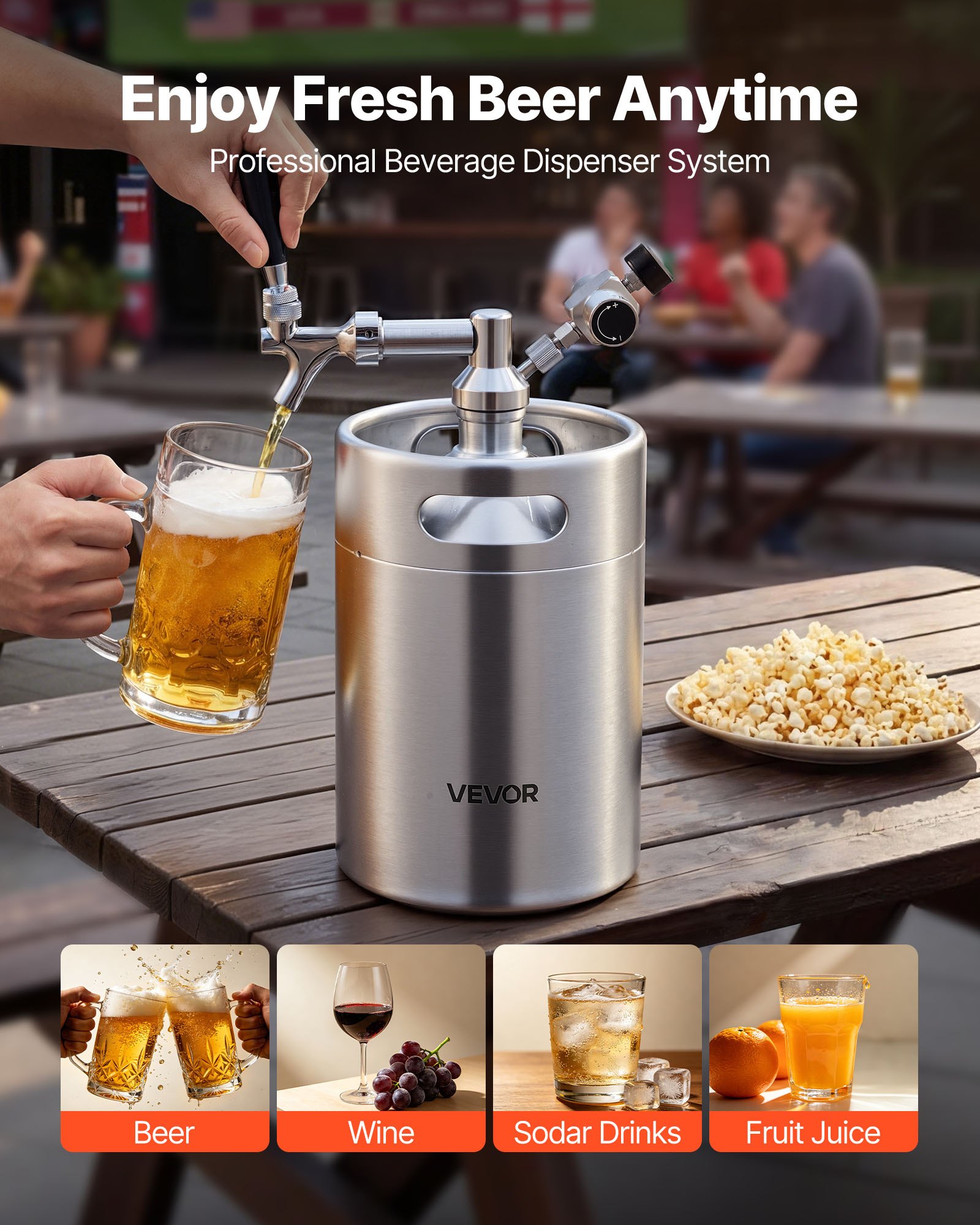 VEVOR Mini Barril Dispensador de Cerveza de 5 L de Acero Inoxidable 304, Con Regulador de CO₂ y Grifo de Cierre Automático, Compatible con Cartuchos de CO₂ de 16 g (No Incluido), Para Fiesta, Hogar