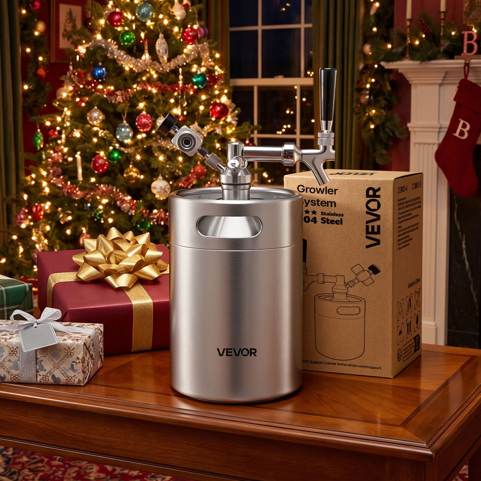 VEVOR Mini Barril Dispensador de Cerveza de 5 L de Acero Inoxidable 304, Con Regulador de CO₂ y Grifo de Cierre Automático, Compatible con Cartuchos de CO₂ de 16 g (No Incluido), Para Fiesta, Hogar