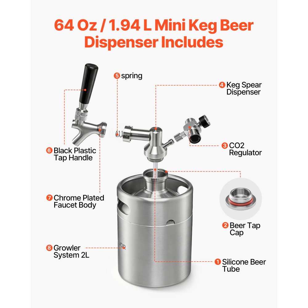 VEVOR Mini Barril Dispensador de Cerveza 1,94 L de Acero Inoxidable 304, Con Regulador de CO₂ y Grifo de Cierre Automático, Compatible con Cartuchos de CO₂ de 16 g (No Incluido), Para Fiesta, Hogar