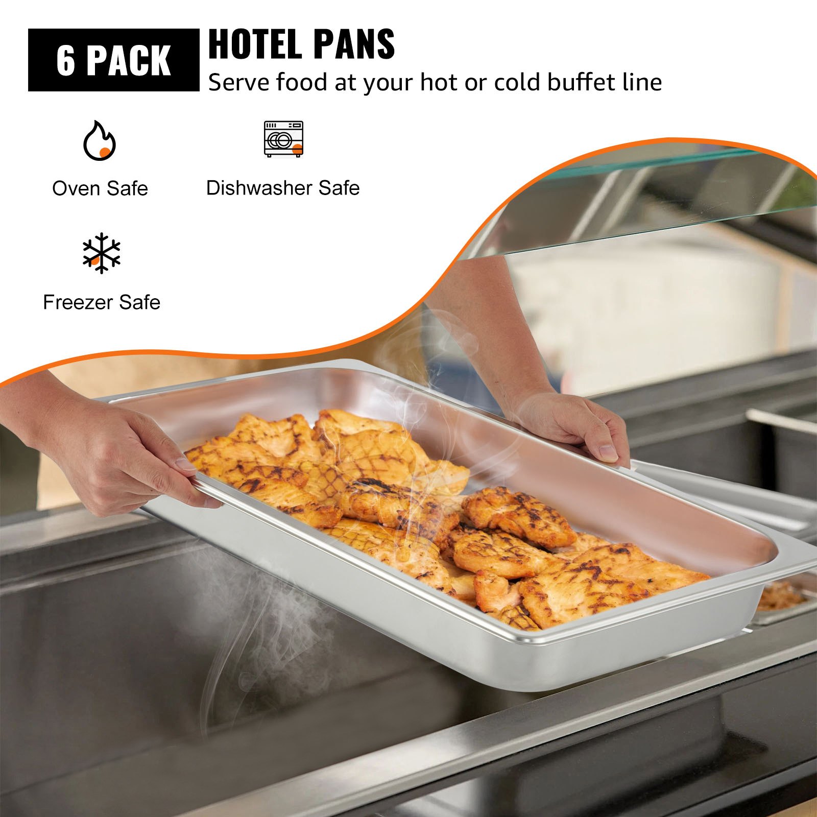 VEVOR 6 Bandejas Rectangulares de Acero Inoxidable, Tamaño 50 x 30 x 5 CM, Unidad Bandeja Honda Rectangular para Servir, Bandeja Profunda Rectangular, Bandeja de Acero Inoxidable para Arroz al Vapor