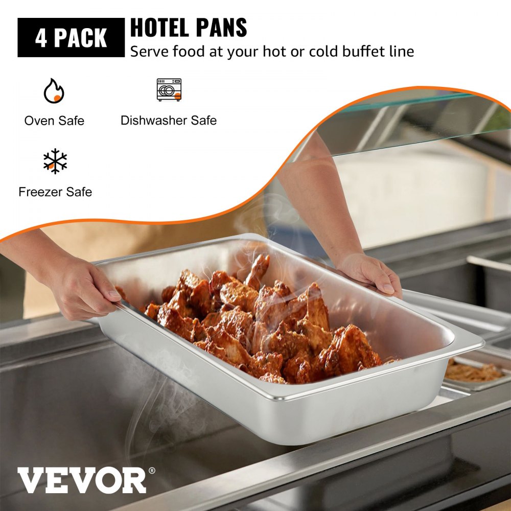 VEVOR Bandeja Rectangular de Acero Inoxidable, 50 x 30 x 10 cm 4 Piezas Bandeja Honda, Rectangular para Servir, Bandeja Profunda Bandeja de Acero Inoxidable, Bandeja para Arroz al Vapor con Tapas