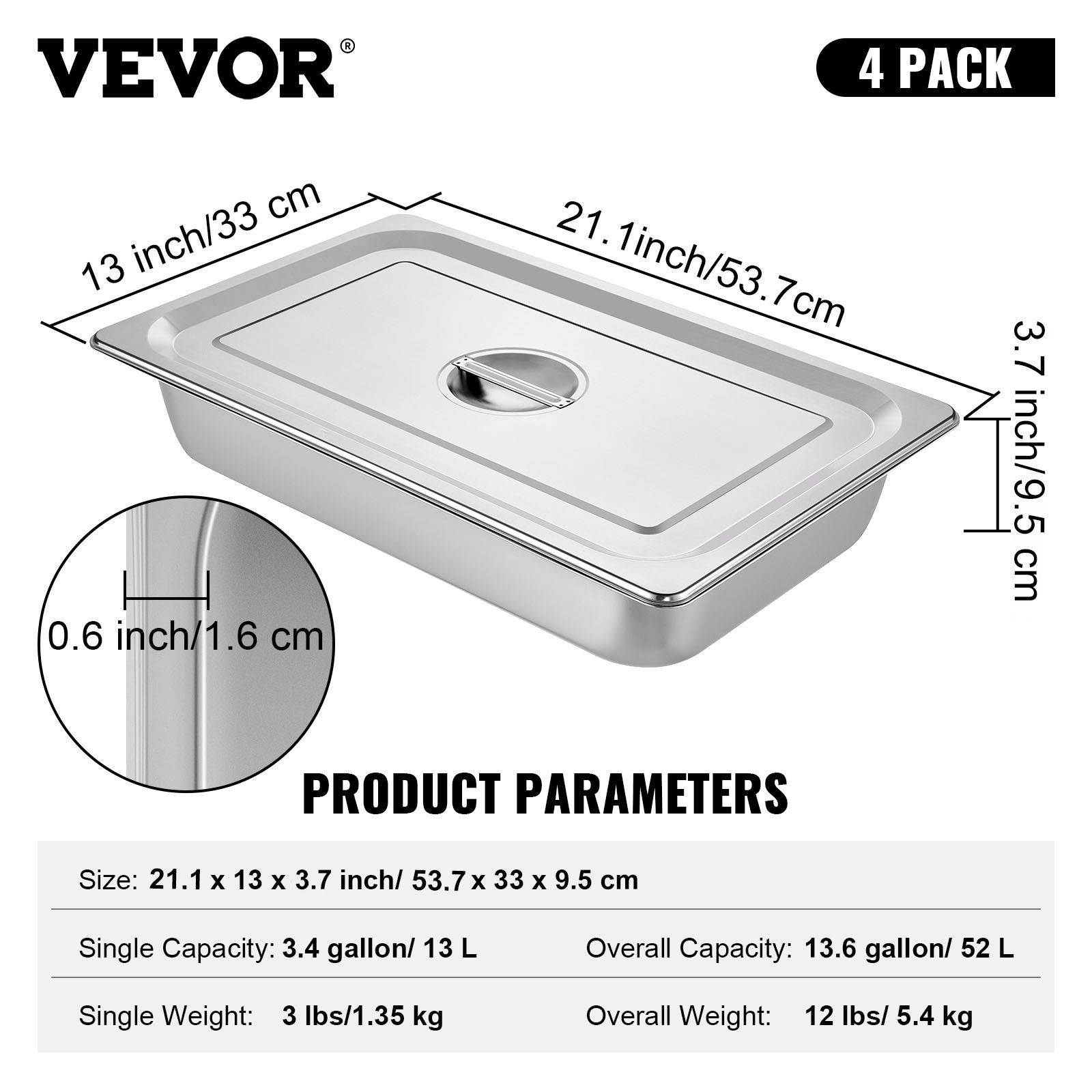 VEVOR Bandeja Rectangular de Acero Inoxidable, 50 x 30 x 10 cm 4 Piezas Bandeja Honda, Rectangular para Servir, Bandeja Profunda Bandeja de Acero Inoxidable, Bandeja para Arroz al Vapor con Tapas