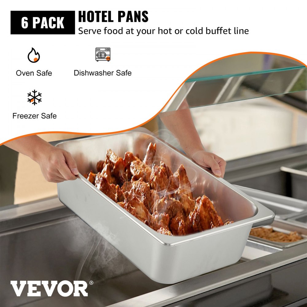 VEVOR Bandeja Rectangular de Acero Inoxidable, 50 x 30 x 15 CM, 6 Unidades Bandeja Honda Rectangular para Servir, Bandeja Profunda para Horno, Bandeja de Acero Inoxidable, Bandeja para Arroz al Vapor