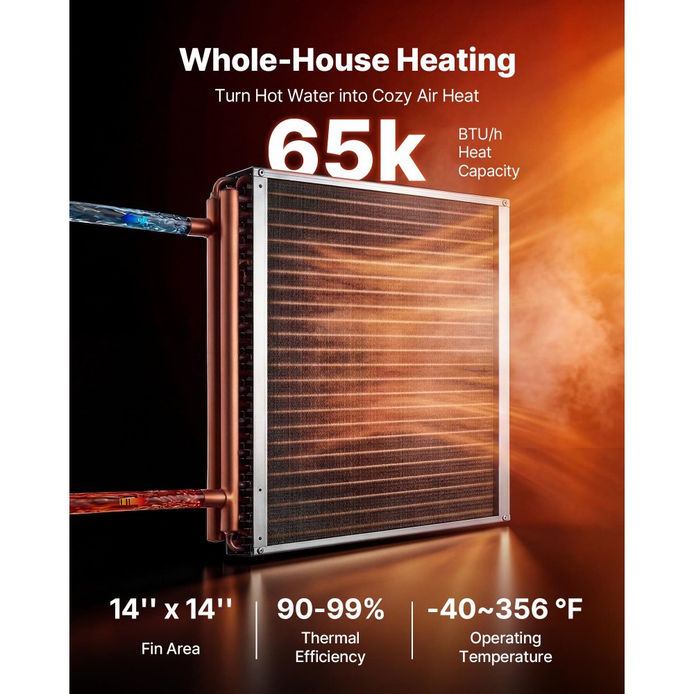 VEVOR Serpentín de Intercambio de Calor de 356 x 356 mm, Intercambiador de Calor Aire-Agua con Aletas de Aluminio y Tubos de Cobre, Capacidad 65000 BTU/h para Hornos, Refrigeración, Calefacción, HVAC