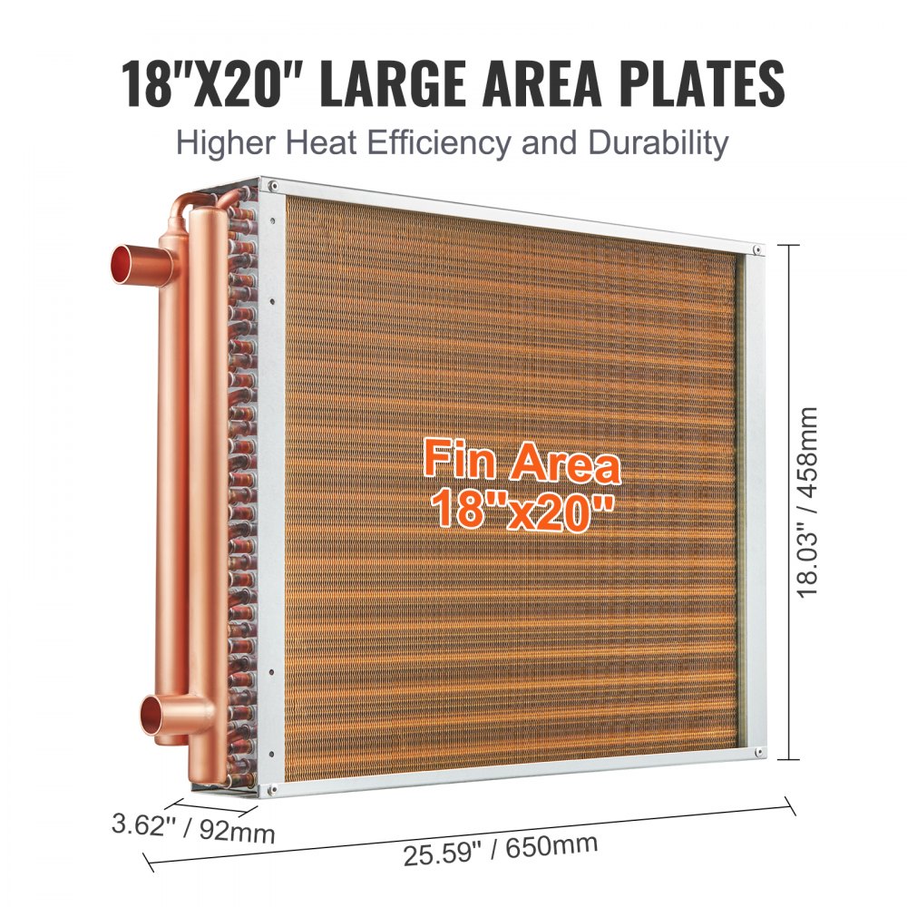 VEVOR Intercambiador de calor agua a aire, 18"x 20" con puertos de cobre de 3 filas de 3/8", intercambiador de calor de 242 aletas de aluminio para hornos de madera al aire libre, calefacción y refrigeración residencial y calefacción de aire forzado