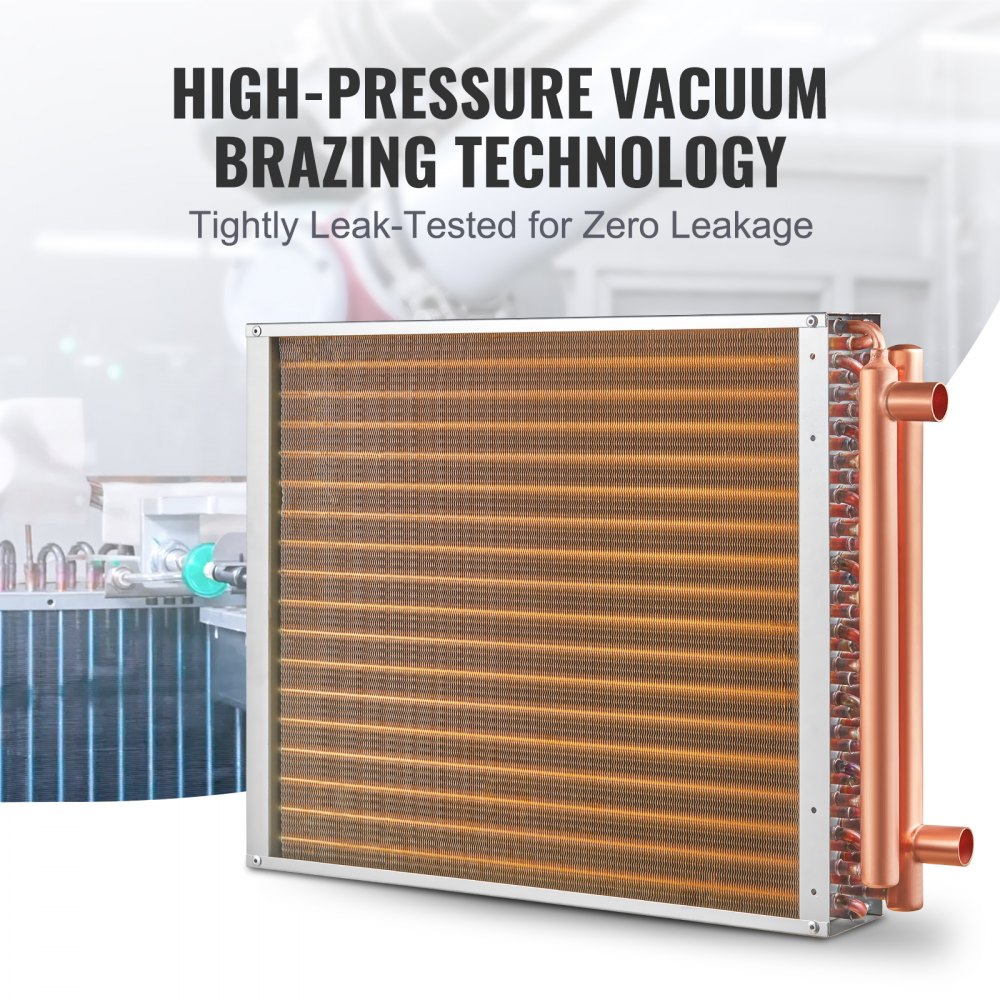 VEVOR Intercambiador de calor agua a aire, 18"x 20" con puertos de cobre de 3 filas de 3/8", intercambiador de calor de 242 aletas de aluminio para hornos de madera al aire libre, calefacción y refrigeración residencial y calefacción de aire forzado