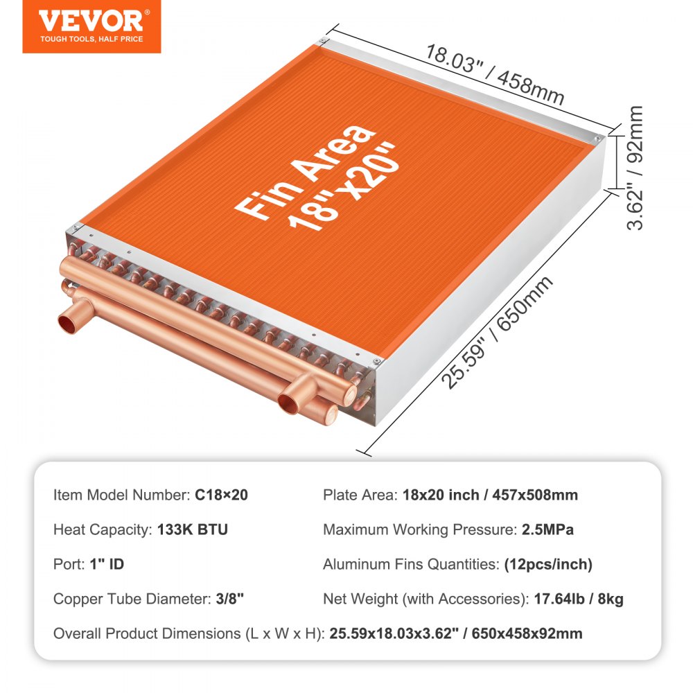 VEVOR Intercambiador de calor agua a aire, 18"x 20" con puertos de cobre de 3 filas de 3/8", intercambiador de calor de 242 aletas de aluminio para hornos de madera al aire libre, calefacción y refrigeración residencial y calefacción de aire forzado