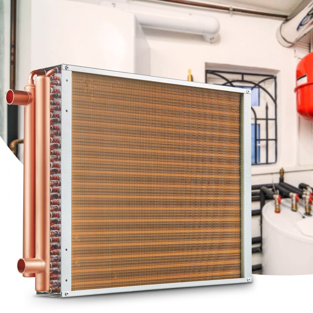 VEVOR Intercambiador de calor agua a aire, 18"x 20" con puertos de cobre de 3 filas de 3/8", intercambiador de calor de 242 aletas de aluminio para hornos de madera al aire libre, calefacción y refrigeración residencial y calefacción de aire forzado