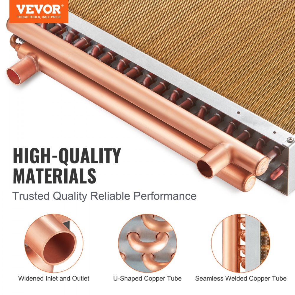 VEVOR Intercambiador de calor agua a aire, 20 x 20 pulgadas con puertos de cobre de 3 filas de 3/8 pulgadas, intercambiador de calor de 242 aletas de aluminio para hornos de madera al aire libre, calefacción y refrigeración residencial y calefacción de aire forzado