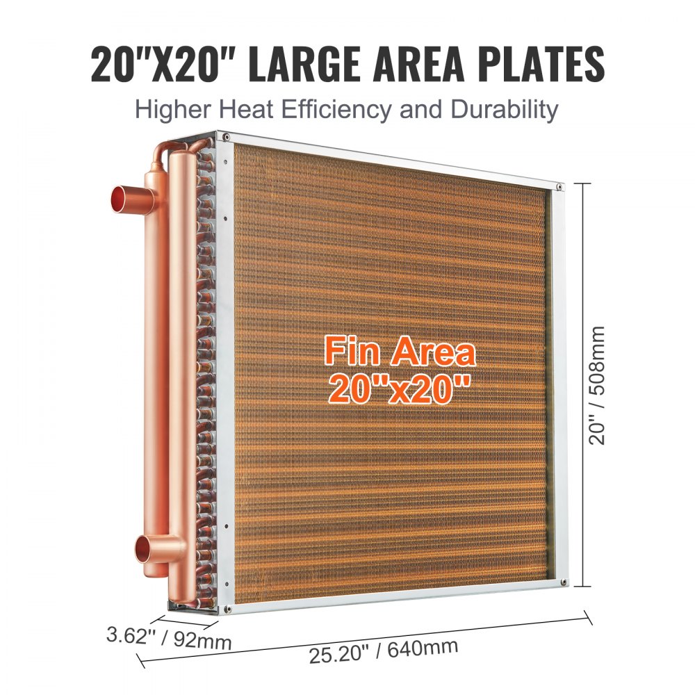 VEVOR Intercambiador de calor agua a aire, 20 x 20 pulgadas con puertos de cobre de 3 filas de 3/8 pulgadas, intercambiador de calor de 242 aletas de aluminio para hornos de madera al aire libre, calefacción y refrigeración residencial y calefacción de aire forzado
