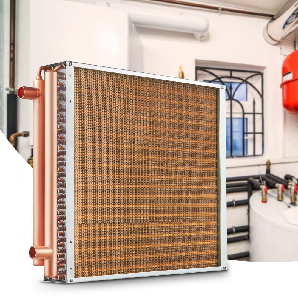 VEVOR Intercambiador de calor agua a aire, 20 x 20 pulgadas con puertos de cobre de 3 filas de 3/8 pulgadas, intercambiador de calor de 242 aletas de aluminio para hornos de madera al aire libre, calefacción y refrigeración residencial y calefacción de aire forzado