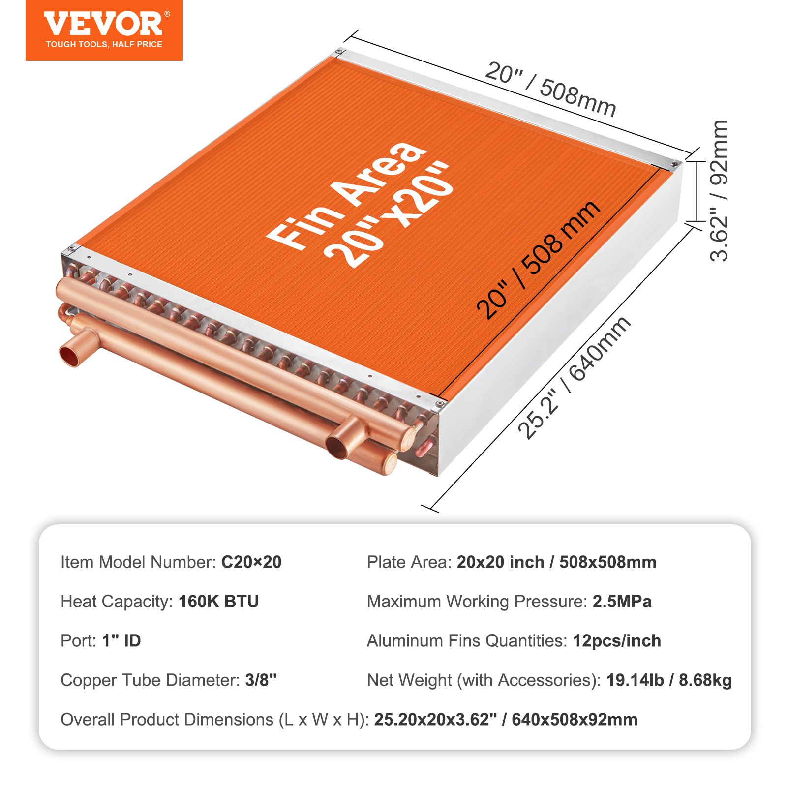 VEVOR Intercambiador de calor agua a aire, 20 x 20 pulgadas con puertos de cobre de 3 filas de 3/8 pulgadas, intercambiador de calor de 242 aletas de aluminio para hornos de madera al aire libre, calefacción y refrigeración residencial y calefacción de aire forzado