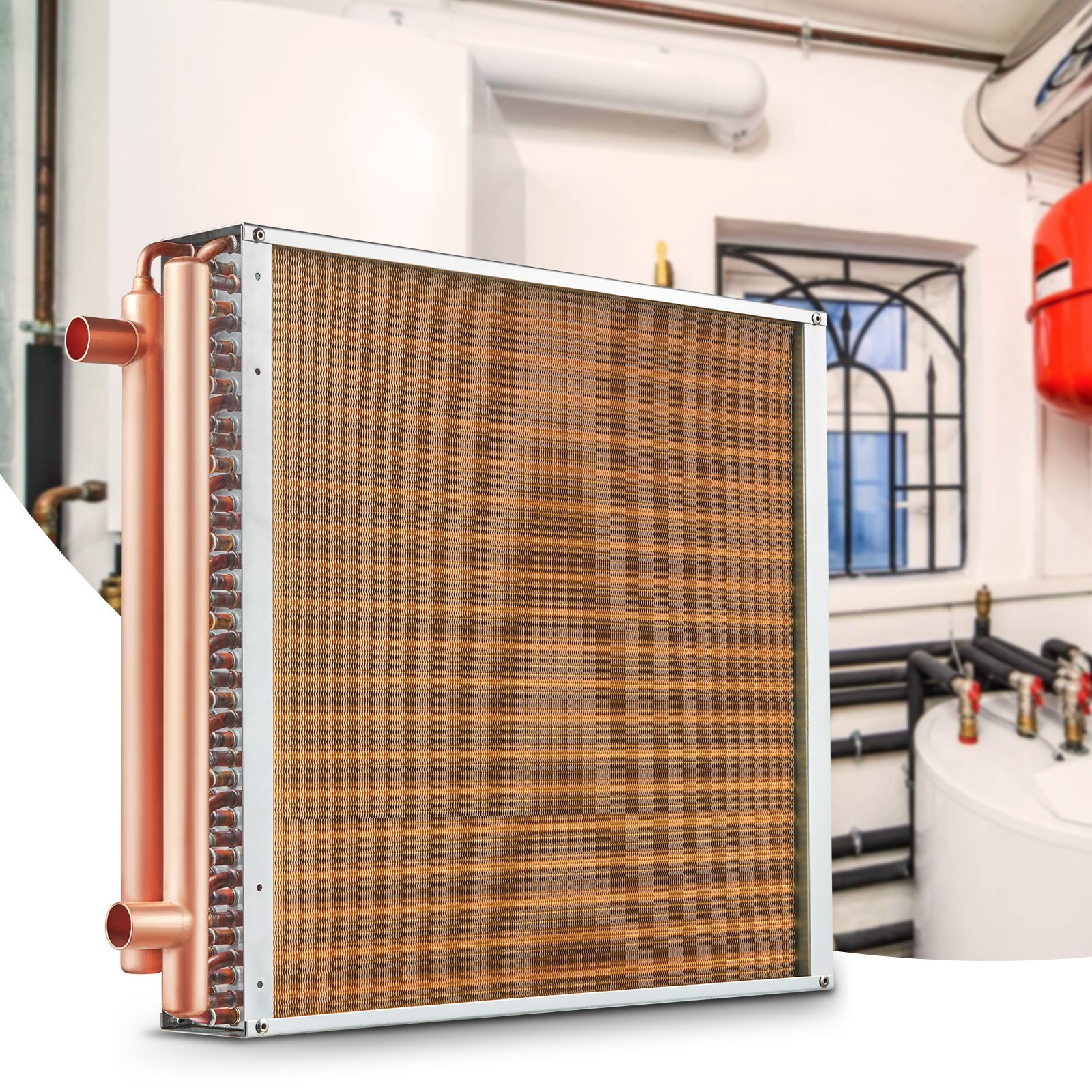 VEVOR Intercambiador de calor agua a aire, 20 x 20 pulgadas con puertos de cobre de 3 filas de 3/8 pulgadas, intercambiador de calor de 242 aletas de aluminio para hornos de madera al aire libre, calefacción y refrigeración residencial y calefacción de aire forzado
