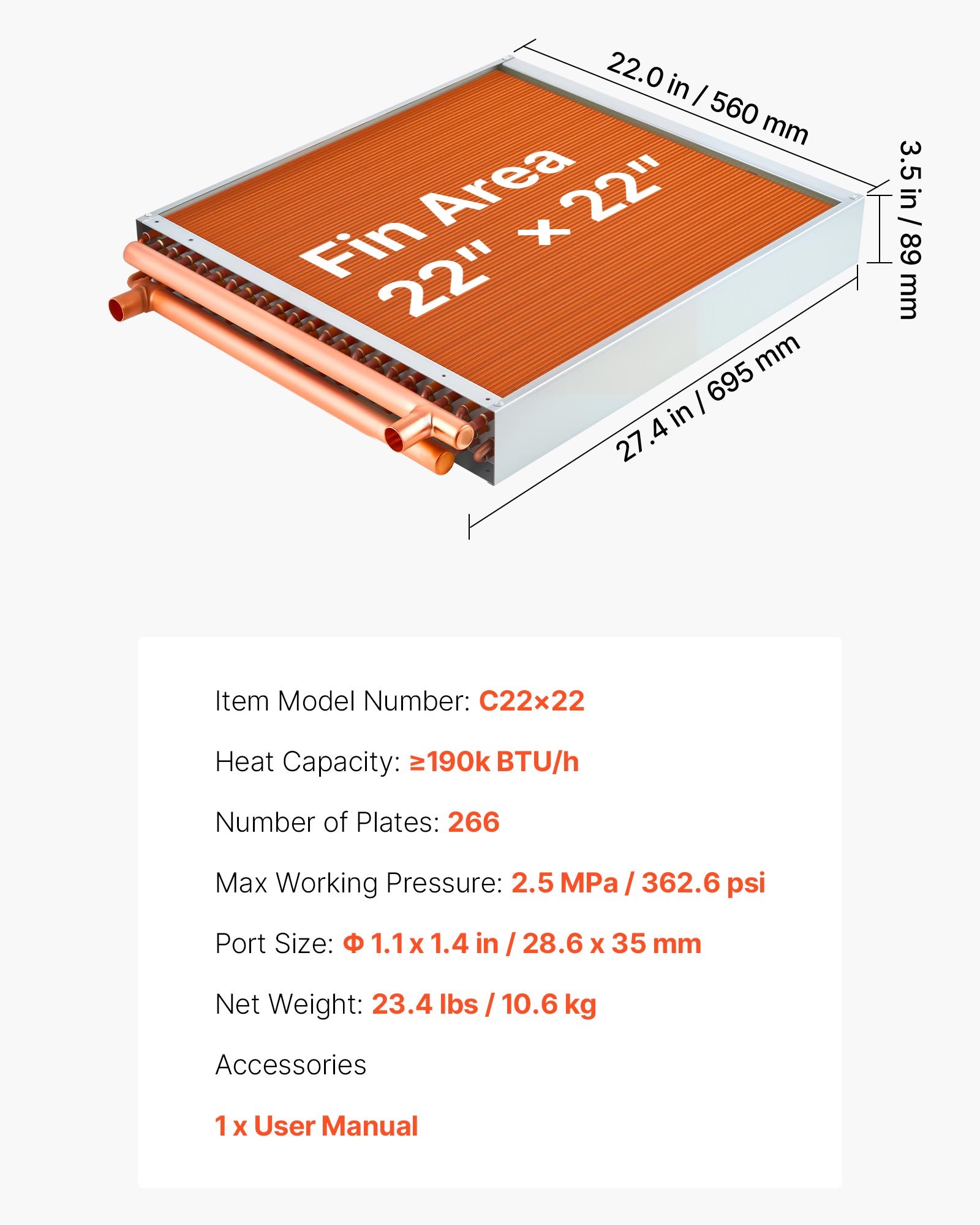 VEVOR Serpentín de Intercambio de Calor de 559 x 559 mm, Intercambiador de Calor Aire-Agua con Tubos de Cobre y Aletas de Aluminio, Capacidad 190000 BTU/h para Hornos, Refrigeración, HVAC, Calefacción