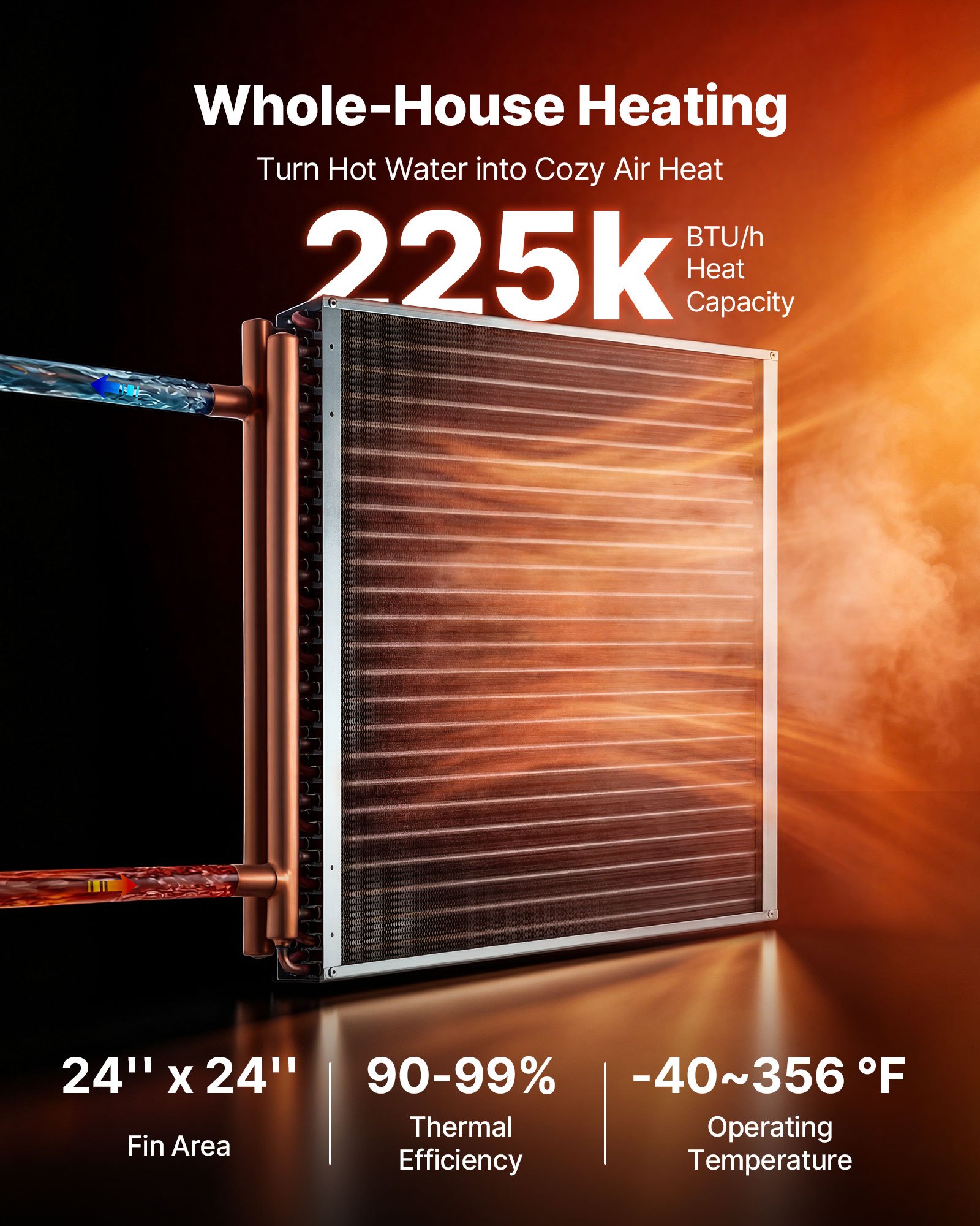 VEVOR Serpentín de Intercambio de Calor, Intercambiador de Calor Aire-Agua con Tubos de Cobre y Aletas de Aluminio de 610 x 610 mm para Hornos de Leña Exteriores, Refrigeración, HVAC y Calefacción