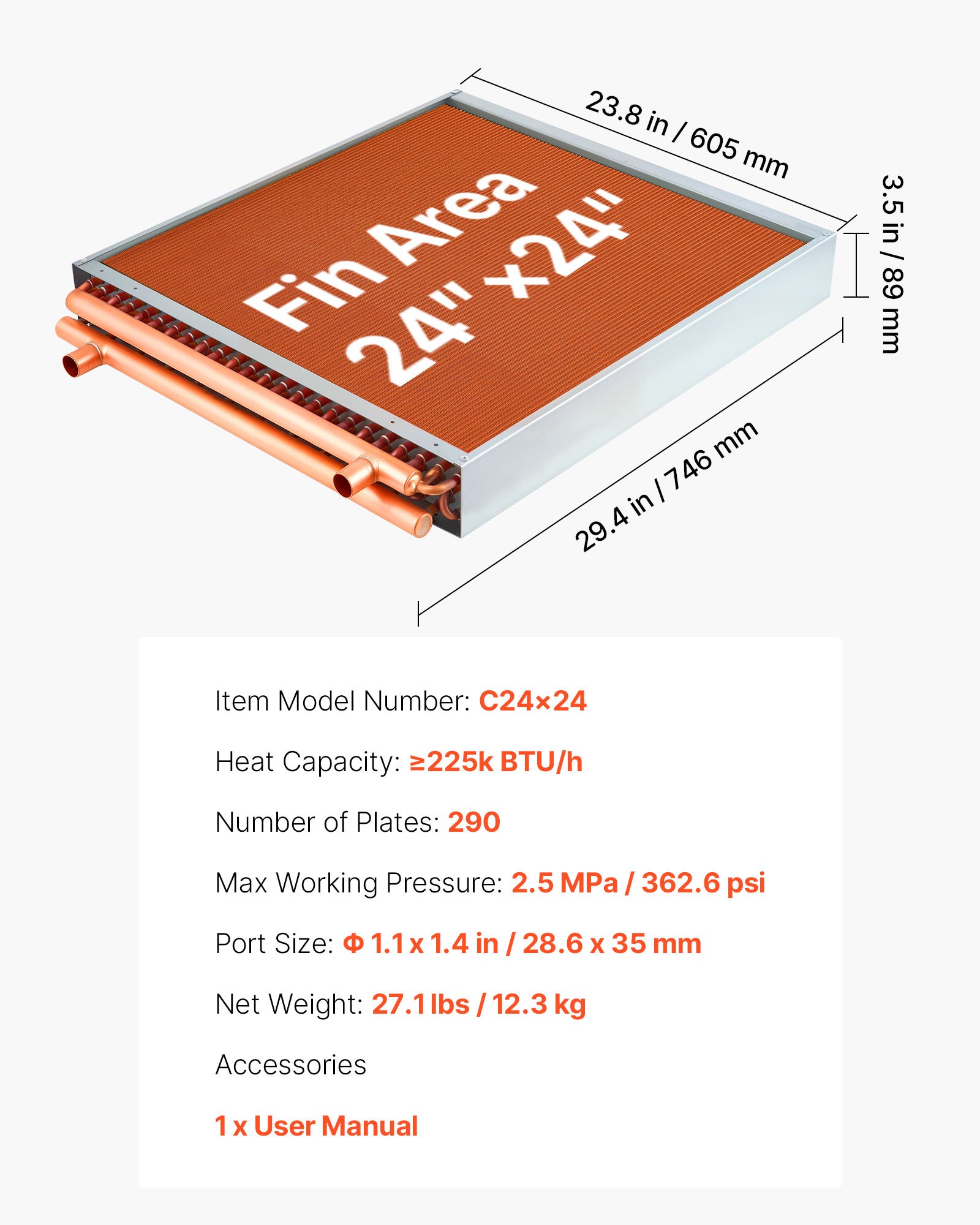 VEVOR Serpentín de Intercambio de Calor, Intercambiador de Calor Aire-Agua con Tubos de Cobre y Aletas de Aluminio de 610 x 610 mm para Hornos de Leña Exteriores, Refrigeración, HVAC y Calefacción