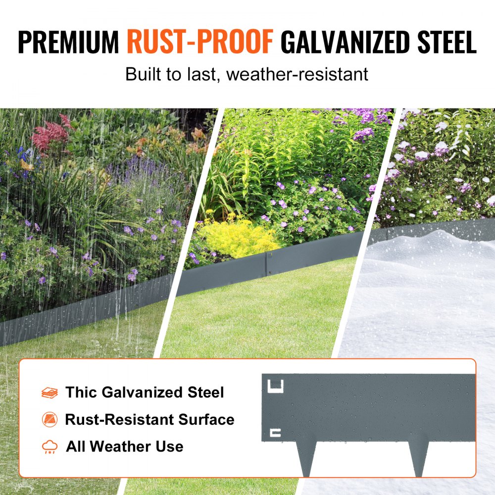 VEVOR Bordura de Acero 99 x 7,6 cm Borde para Césped 5 Piezas Valla Delimitadora de Bordes Altura de 8 cm Borde Limitador de Jardín Flexible para Jardines, Senderos, Patios, Césped, Gris Oscuro