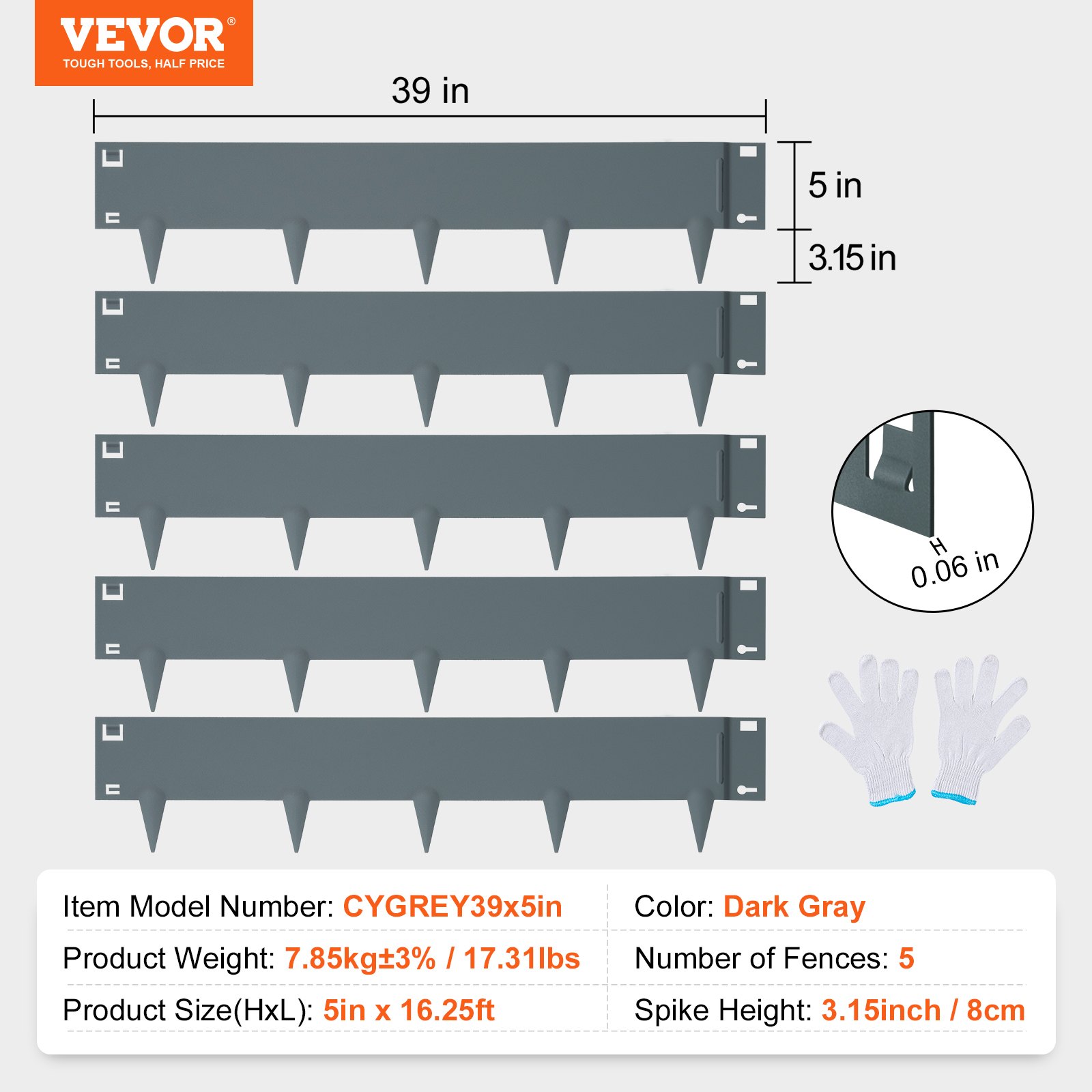 VEVOR Borde de Acero para Jardín, 5 Piezas Borde de Metal para Césped, 99 x 12,7 cm, Punta de Instalación Simple, Altura de 8 cm, Tiras Plegables Resistentes para Patio, Jardín, Césped, Gris Oscuro