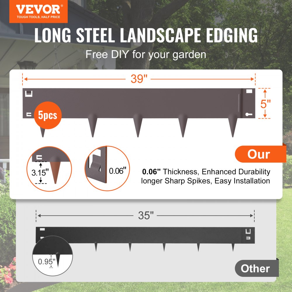VEVOR Borde de acero para paisaje, paquete de 5 bordes de acero para jardín, tiras de 39" de ancho x 5" de alto, borde martillado, borde de paisaje de metal plegable para patio, jardín, césped, altura