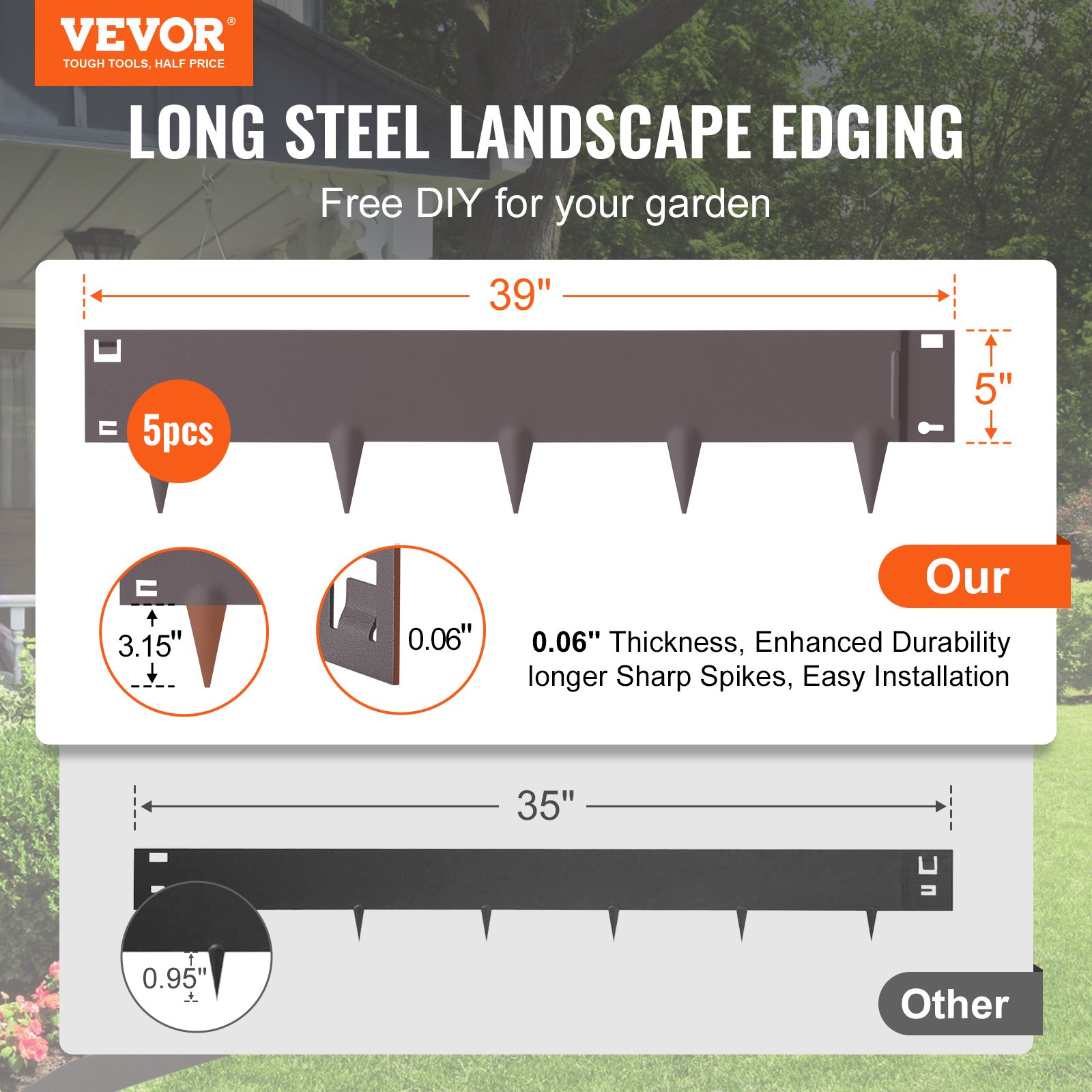 VEVOR Borde de acero para paisaje, paquete de 5 bordes de acero para jardín, tiras de 39" de ancho x 5" de alto, borde martillado, borde de paisaje de metal plegable para patio, jardín, césped, altura