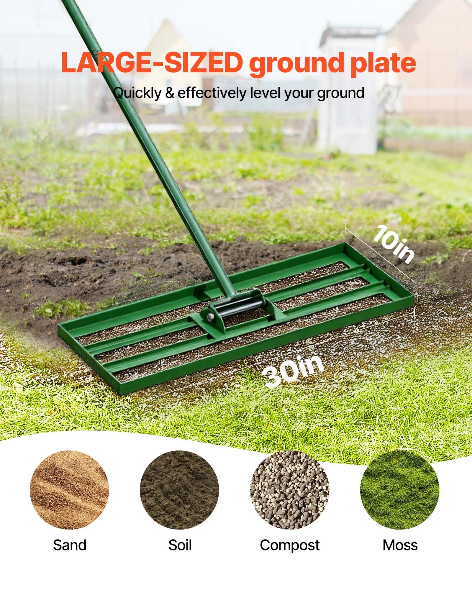 ​VEVOR Rastrillo Nivelador de Césped Placa Base de 758 x 254 mm, Mango de Acero Extendido de 1981 mm, Rastrillo Nivelador de Suelo Resistente de Aleación de Aluminio para Césped, Campos de Golf