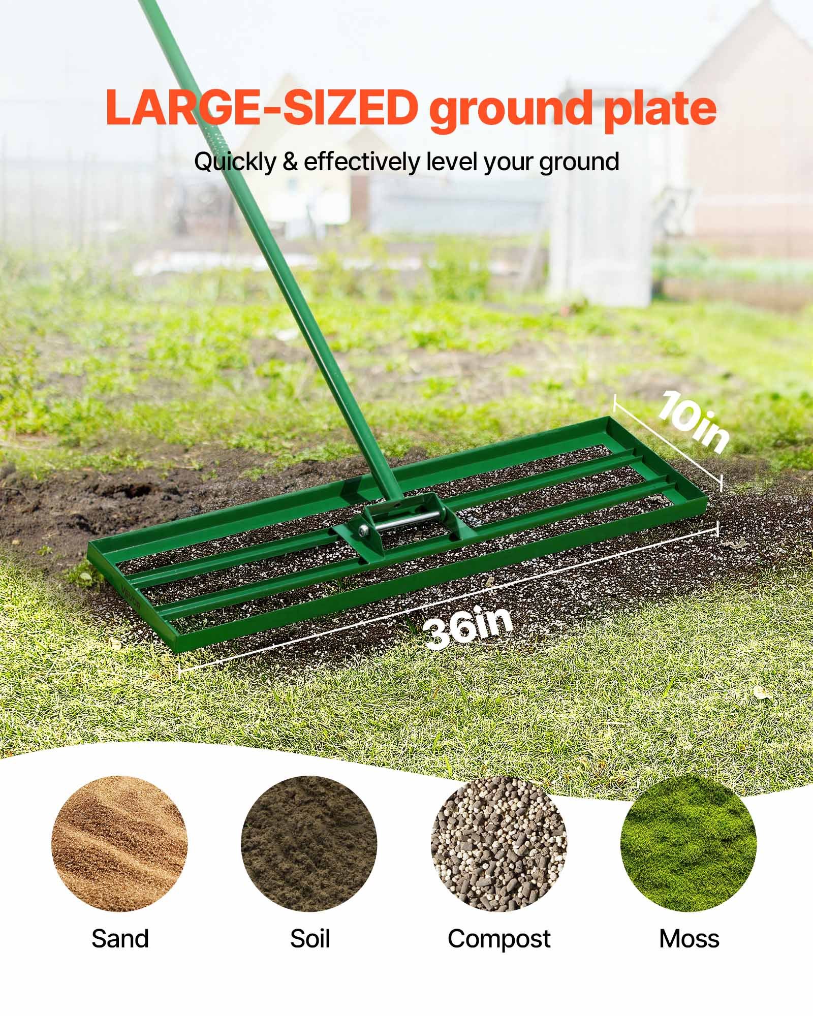 VEVOR Rastrillo Nivelador de Césped 910 x 250 mm, Rastrillo de Nivelación de Césped, Mango Largo de 1981 mm, Guantes Incluidos, Acero y Aleación Aluminio, Herramienta para Jardín Campo de Golf, Verde