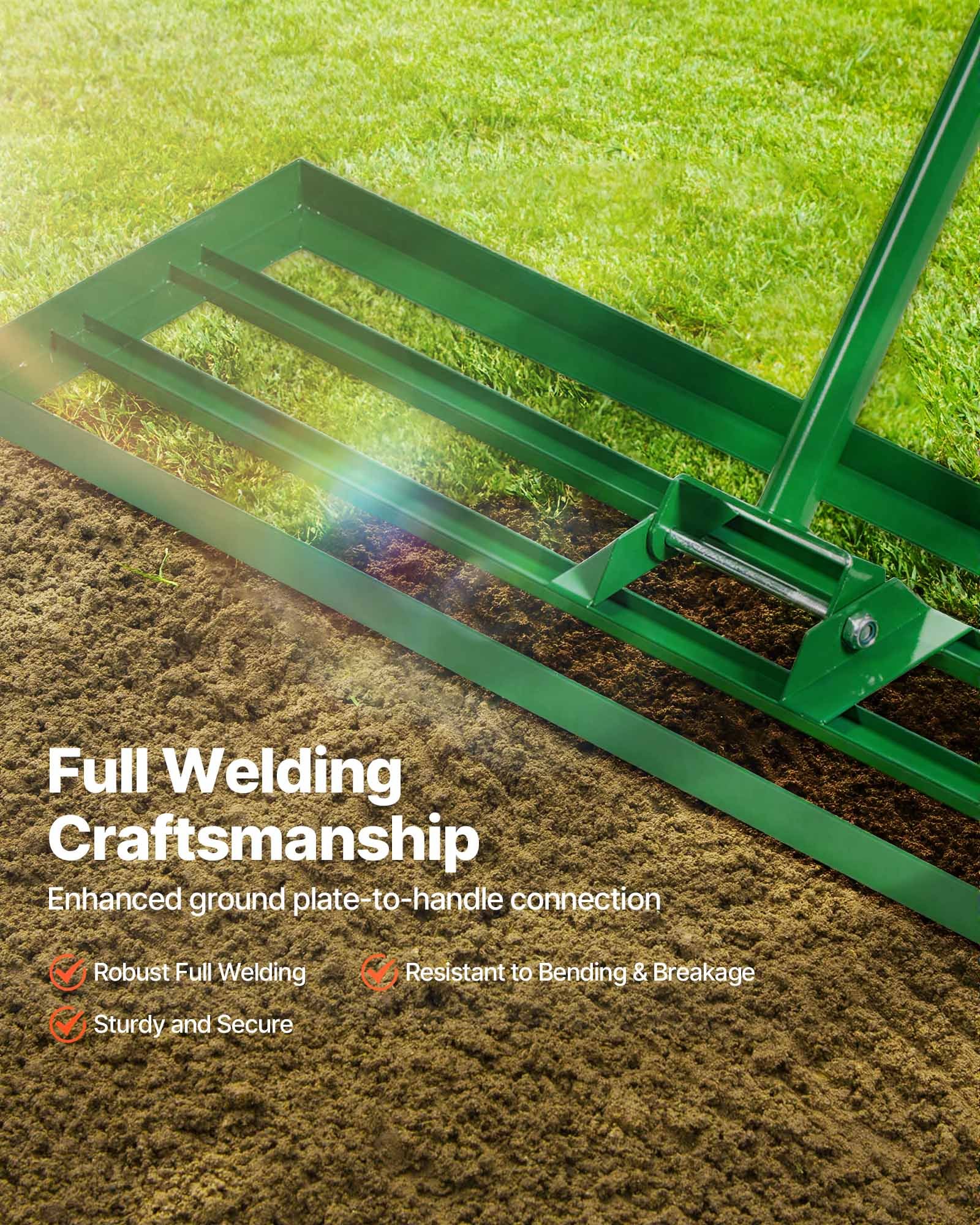VEVOR Rastrillo Nivelador de Césped 910 x 250 mm, Rastrillo de Nivelación de Césped, Mango Largo de 1981 mm, Guantes Incluidos, Acero y Aleación Aluminio, Herramienta para Jardín Campo de Golf, Verde