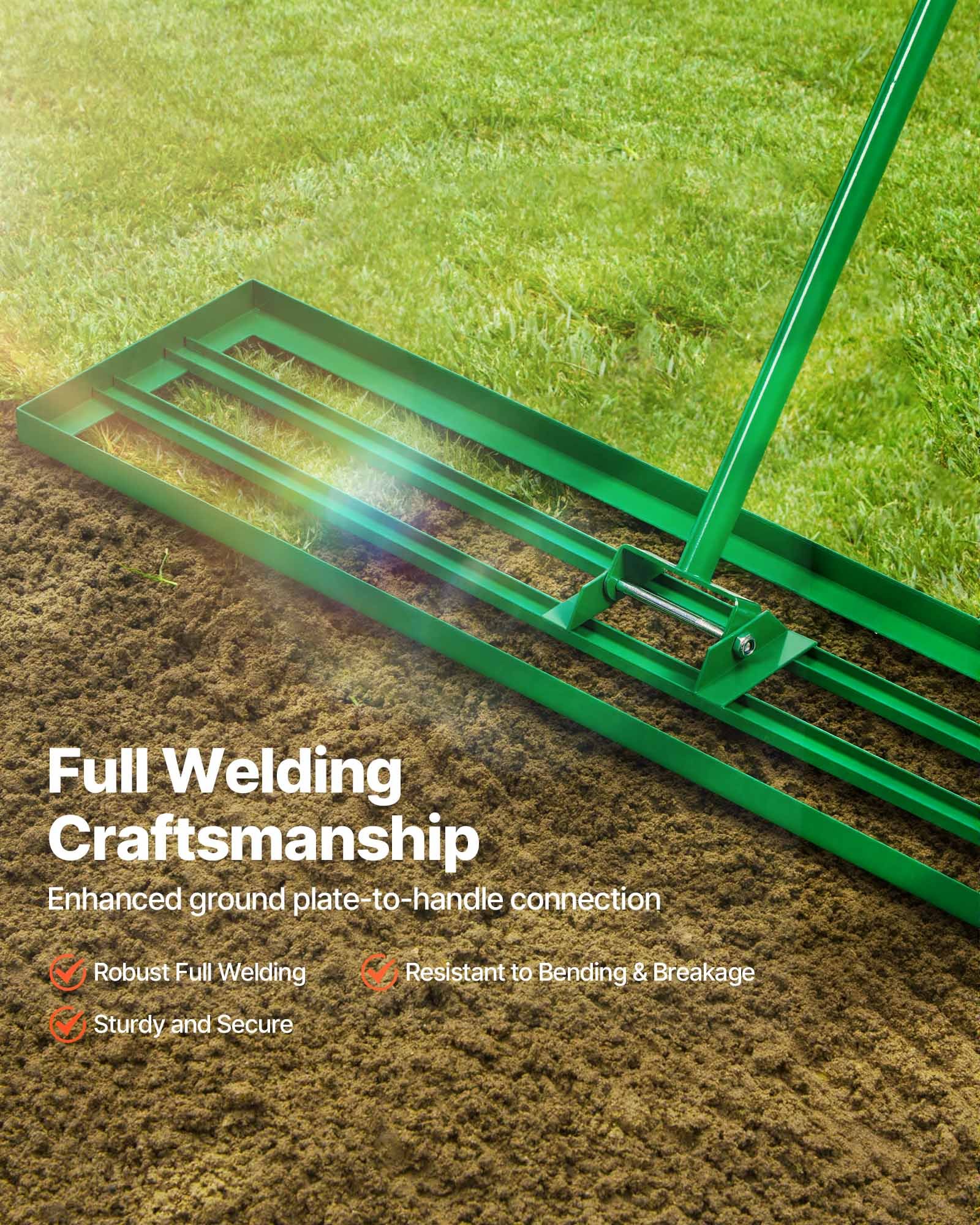 VEVOR Rastrillo Nivelador de Césped 1215 x 252 mm, Rastrillo de Nivelación de Césped, Mango Largo Ajustable, Aleación de Aluminio, Guantes Incluidos, Herramienta para Jardín Patio Campo de Golf, Verde