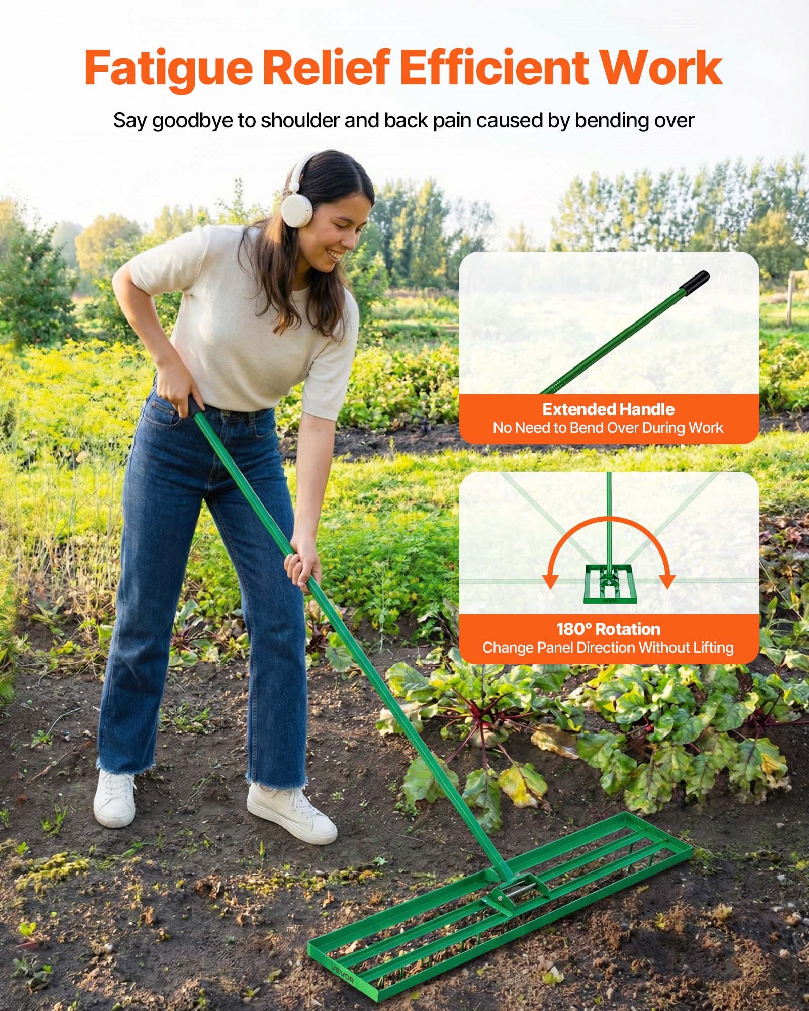 VEVOR Rastrillo Nivelador de Césped 1215 x 252 mm, Rastrillo de Nivelación de Césped, Mango Largo Ajustable, Aleación de Aluminio, Guantes Incluidos, Herramienta para Jardín Patio Campo de Golf, Verde