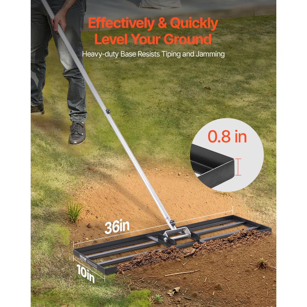 VEVOR Lawn Rake, Leveling Rake with 213 cm Handle, 914x254 mm Base Plate, Rust-Resistant Carbon Steel Leveling Rake, 3 Height Adjustable, Lawn Leveling Tool for Gardens & Golf Courses