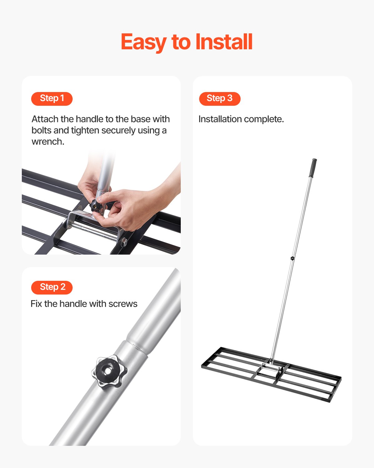 VEVOR Rastrillo Nivelador de Césped con Mango, Placa de Suelo de 254 x 914 mm, Nivelador de Suelo de Acero al Carbono Resistente a la Oxidación, 3 Alturas Ajustables, para Cancha de Golf, Patio