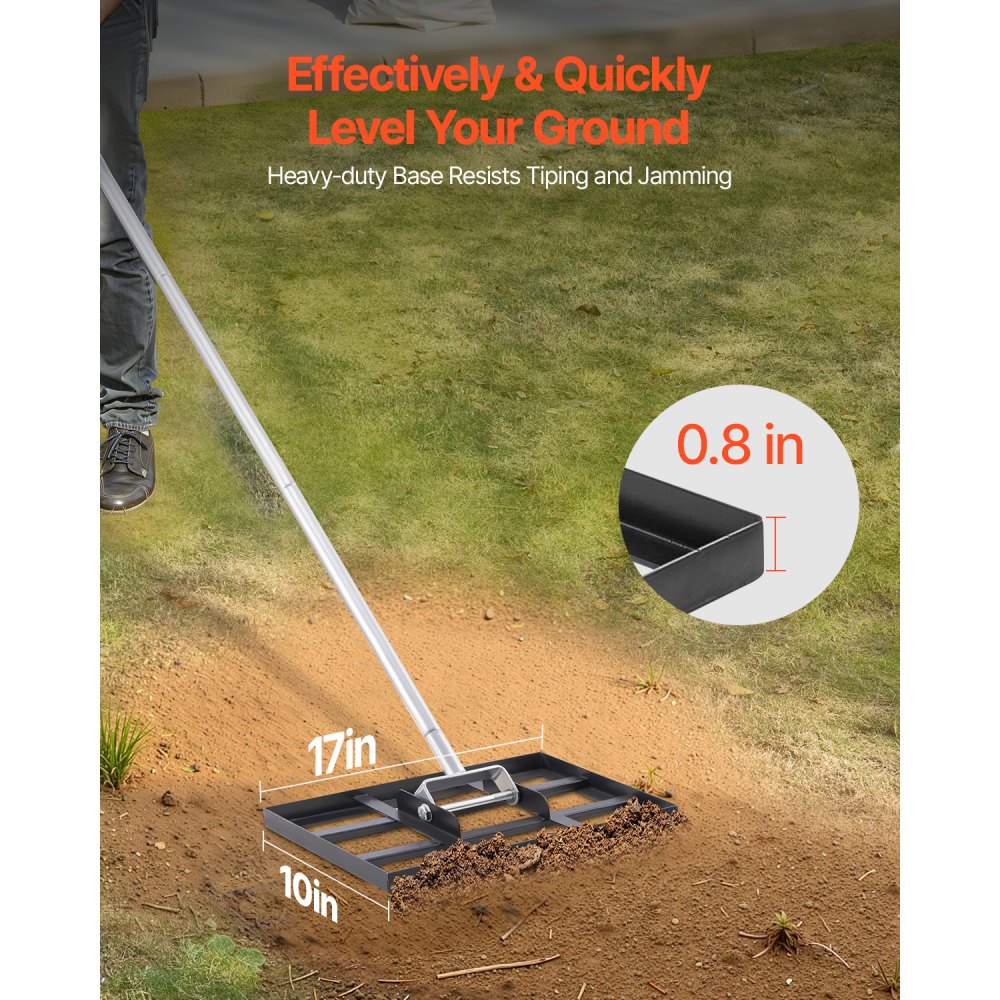 VEVOR Lawn Rake, Leveling Rake with 198 cm Handle, 431x254 mm Base Plate, Rust-Resistant Carbon Steel Leveling Rake, 5 Height Adjustable, Lawn Leveling Tool for Yard and Golf Course
