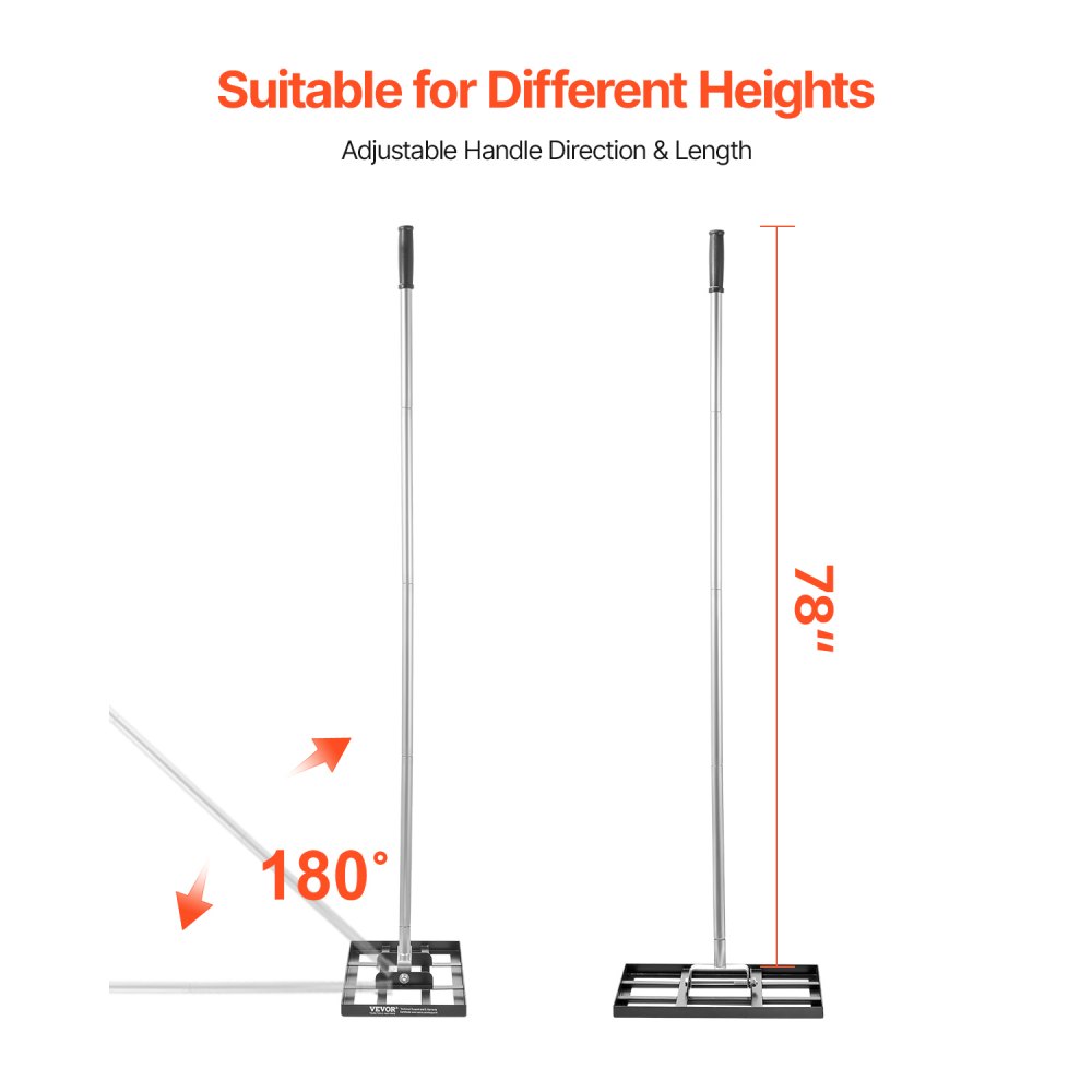 VEVOR Lawn Rake, Leveling Rake with 198 cm Handle, 431x254 mm Base Plate, Rust-Resistant Carbon Steel Leveling Rake, 5 Height Adjustable, Lawn Leveling Tool for Yard and Golf Course