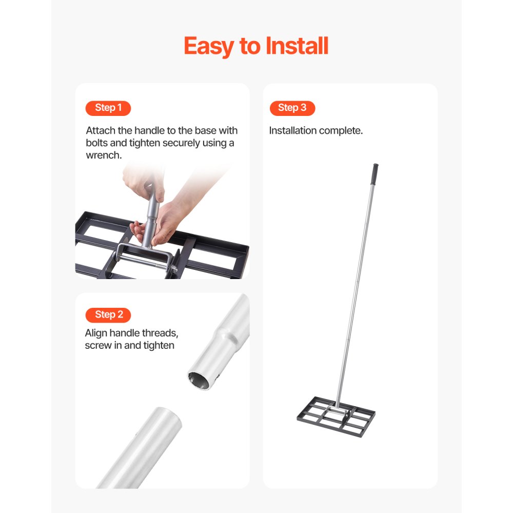 VEVOR Lawn Rake, Leveling Rake with 198 cm Handle, 431x254 mm Base Plate, Rust-Resistant Carbon Steel Leveling Rake, 5 Height Adjustable, Lawn Leveling Tool for Yard and Golf Course