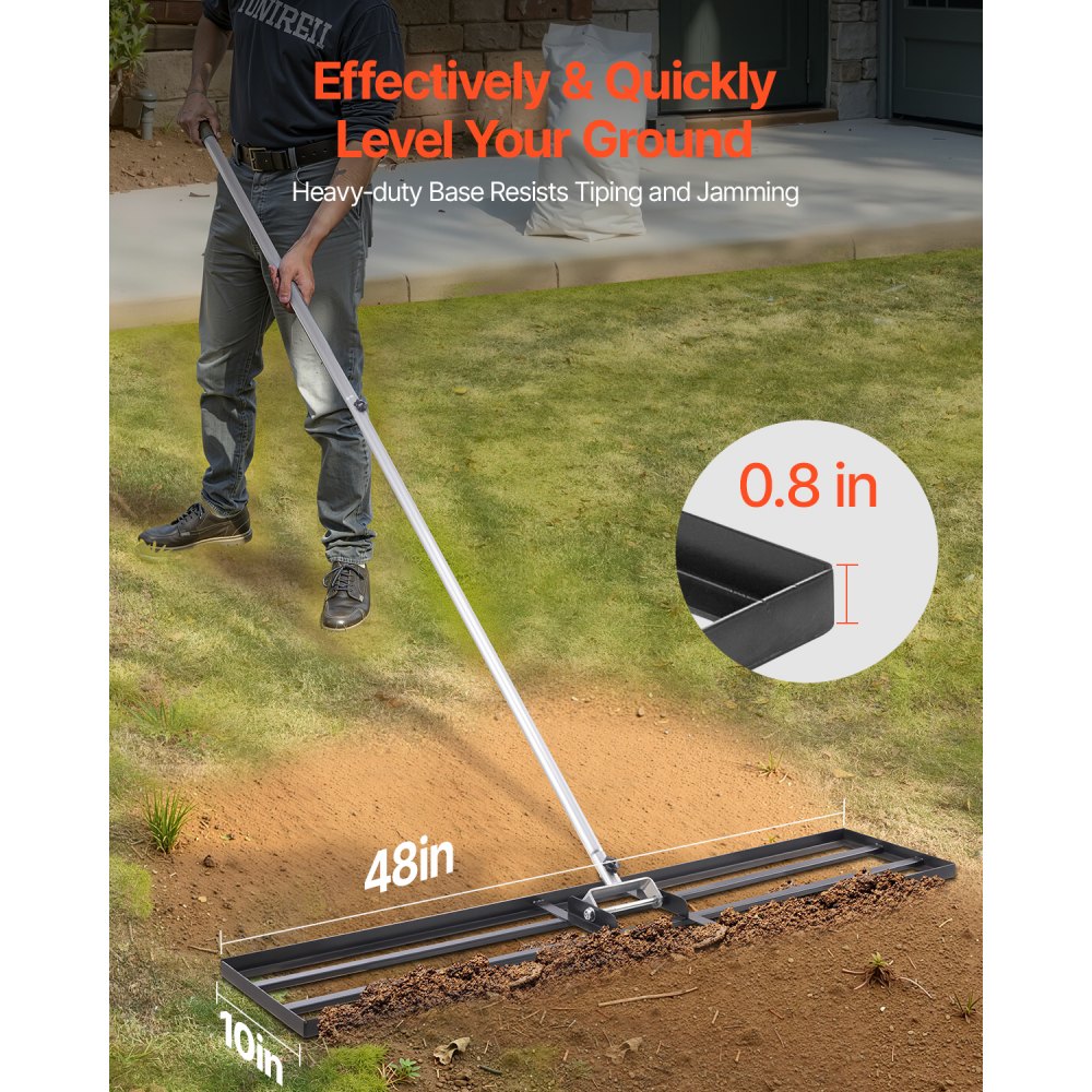 VEVOR Rastrillo Nivelador de Césped con Mango, Placa de Suelo de 254 x 1219 mm, Nivelador de Suelo de Acero al Carbono Resistente a la Oxidación, 2 Alturas Ajustables, para Cancha de Golf, Patio