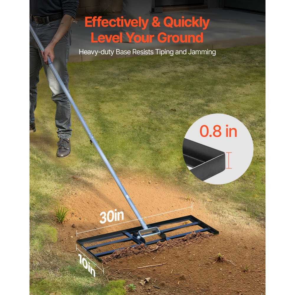 VEVOR Rastrillo Nivelador de Césped con Mango, Placa de Suelo de 254 x 762 mm, Nivelador de Suelo de Acero al Carbono Resistente a la Oxidación, 3 Alturas Ajustables, para Cancha de Golf, Patio