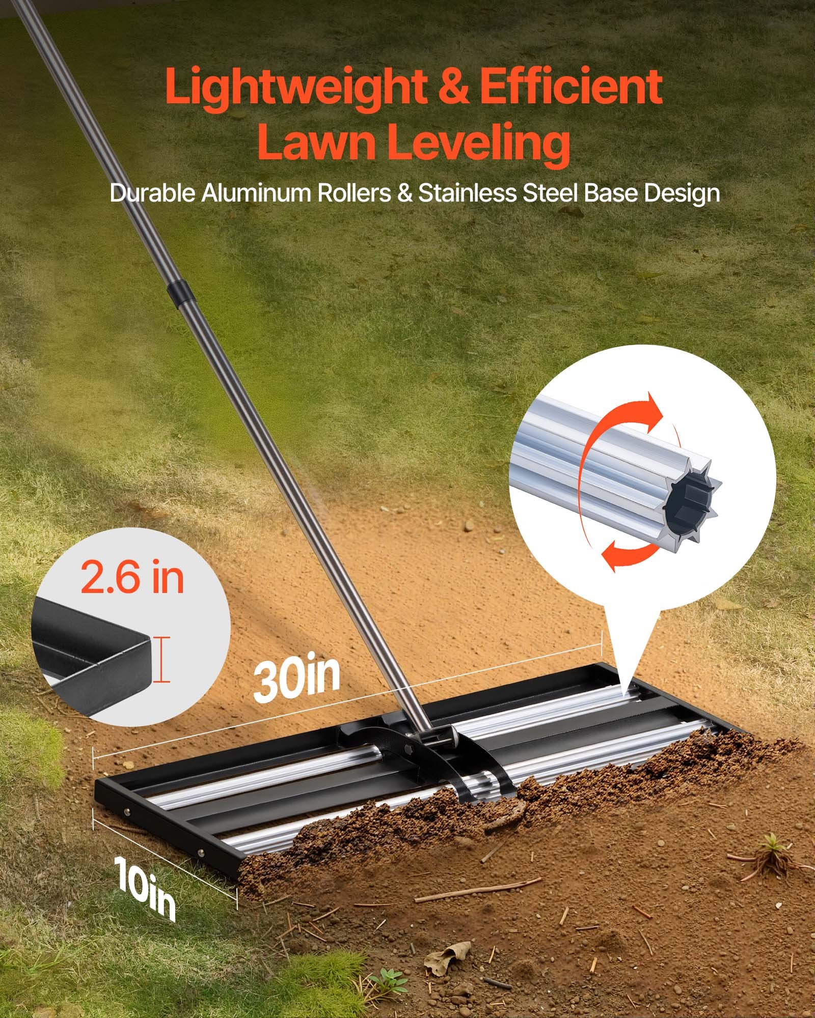 VEVOR Rastrillo Nivelador de Césped con Rodillos, 763 x 255 mm, Rastrillo de Nivelación de Césped, Mango Ajustable, Guantes Incluidos, Acero, Herramienta para Arena Tierra de Jardín Campo de Golf