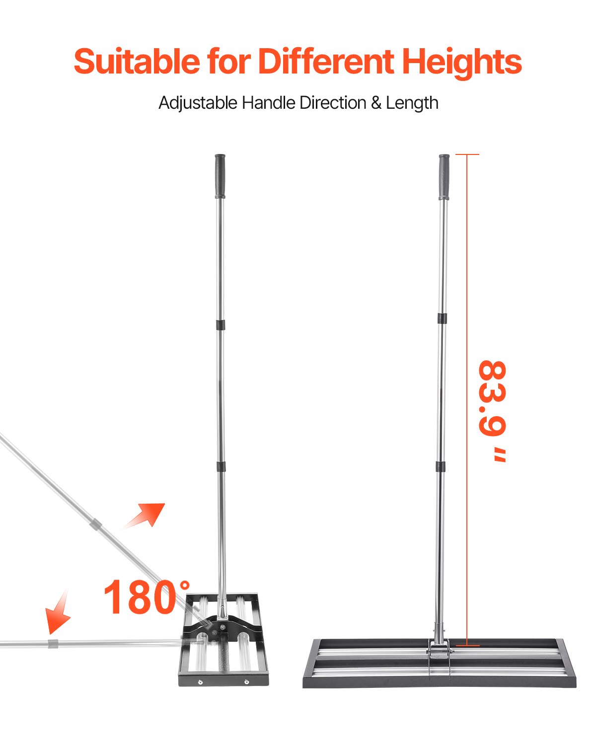 VEVOR Rastrillo Nivelador de Césped con Mango Ajustable de 2130 mm, Placa de Suelo de 254 x 762 mm, Nivelador de Suelo de Metal Resistente y Resistente al Óxido para Cancha de Golf, Patio, Negro
