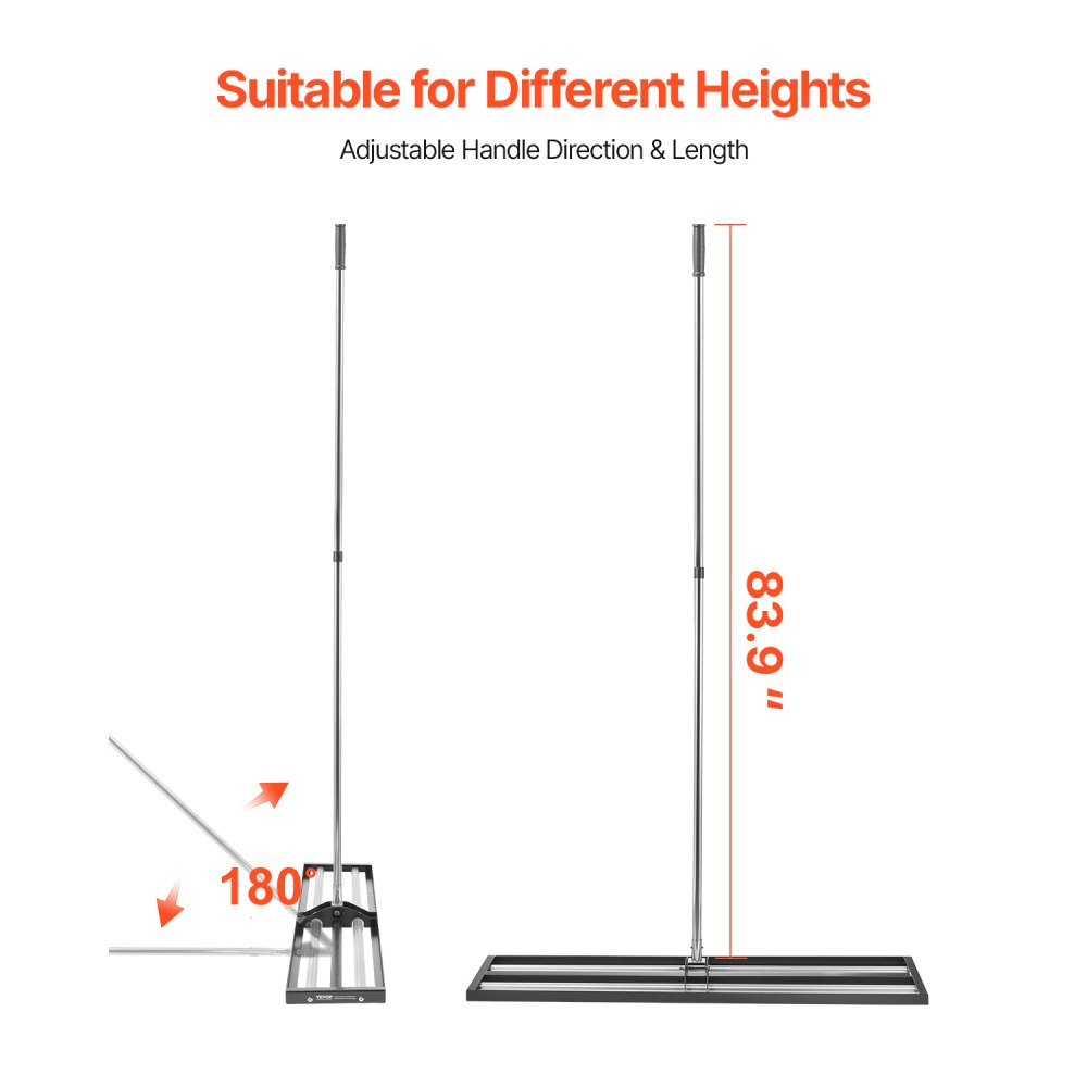 VEVOR Rastrillo Nivelador de Césped con Mango Ajustable de 2130 mm, Placa de Suelo de 254 x 1219 mm, Nivelador de Suelo de Metal Resistente y Resistente al Óxido para Cancha de Golf, Patio, Negro