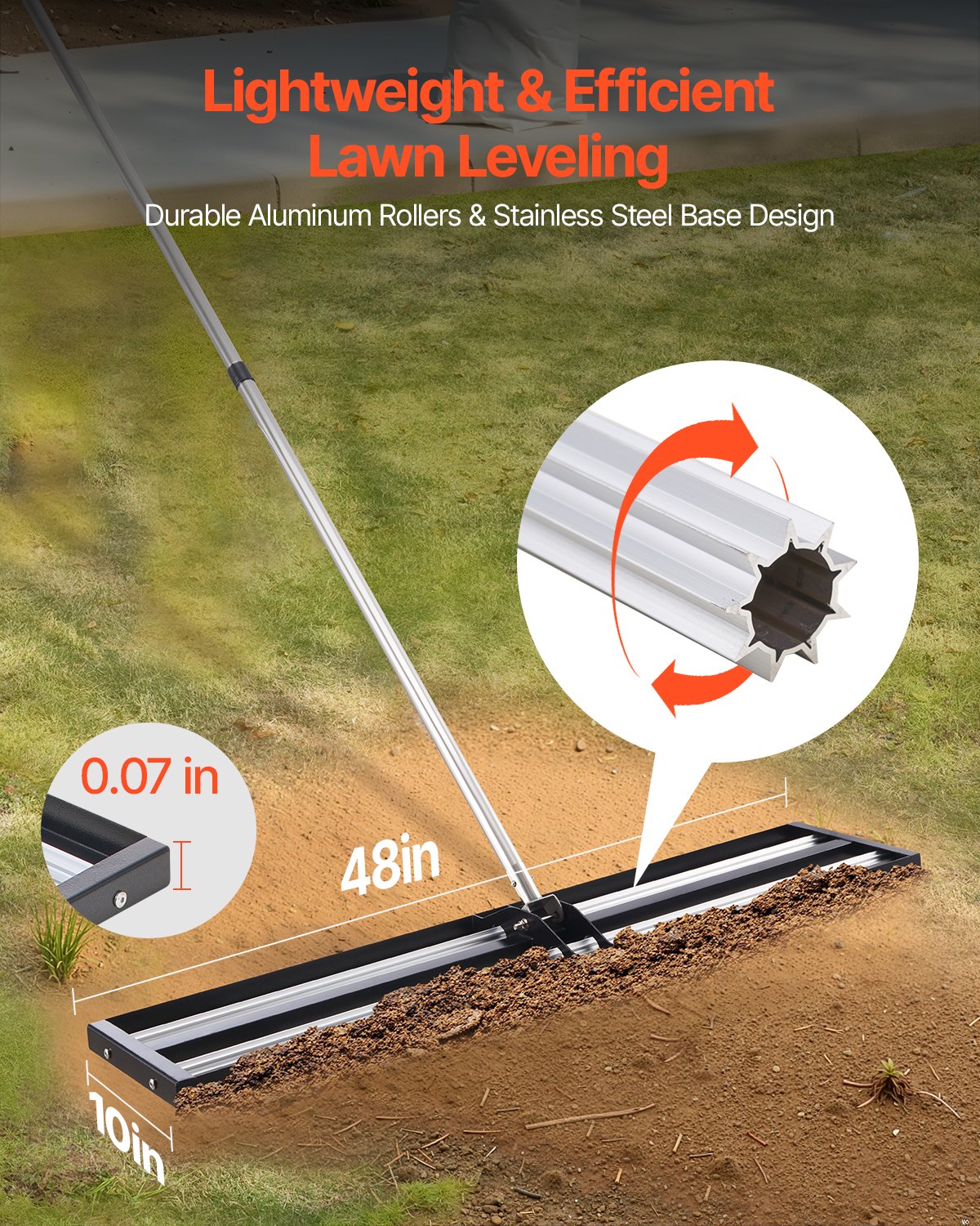 VEVOR Rastrillo Nivelador de Césped con Mango Ajustable de 2130 mm, Placa de Suelo de 254 x 1219 mm, Nivelador de Suelo de Metal Resistente y Resistente al Óxido para Cancha de Golf, Patio, Negro