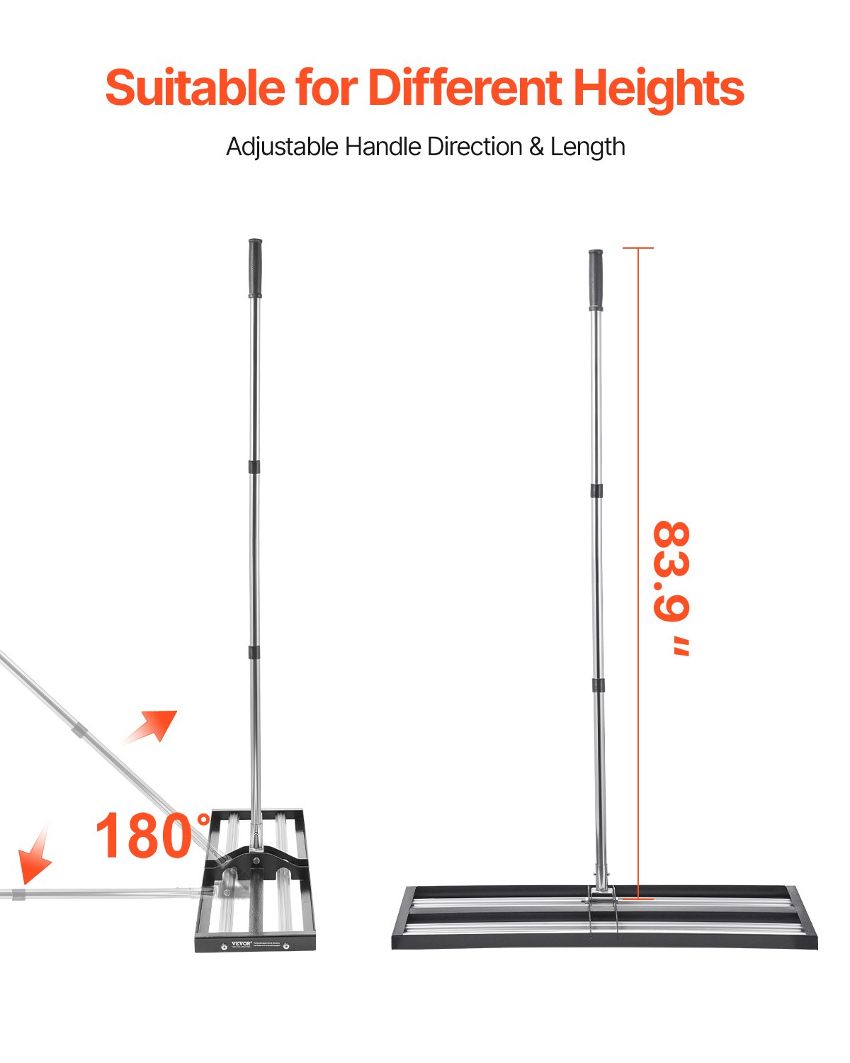 VEVOR Rastrillo Nivelador de Césped con Mango Ajustable de 213 cm, Placa de Suelo de 254 x 914 mm, Nivelador de Suelo de Metal Resistente y Resistente al Óxido para Cancha de Golf, Patio, Negro