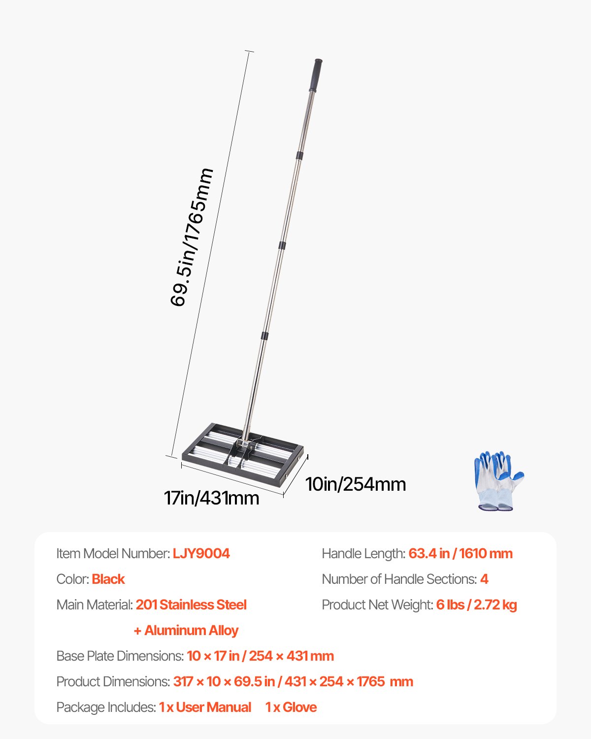 VEVOR Rastrillo Nivelador de Césped con Mango Ajustable de 1610 mm, Placa de Suelo de 254 x 431 mm, Nivelador de Suelo de Metal Resistente y Resistente al Óxido para Cancha de Golf, Patio, Negro