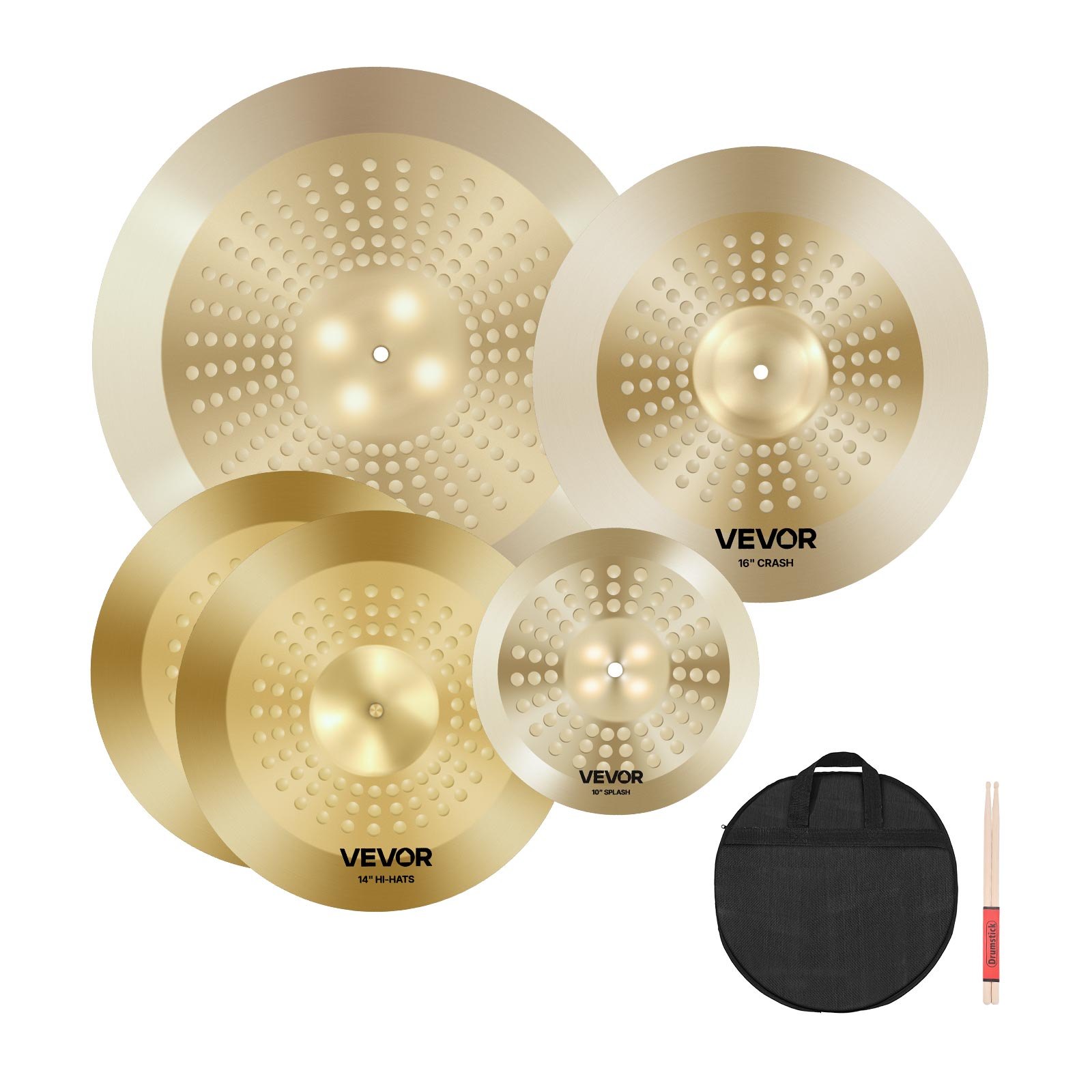 VEVOR Cymbal Set, 4-Piece, Alloy Cymbals, Drum Set Including 254 mm Splash, 355 mm Hi-Hat, 400 mm Crash, 505 mm Ride Cymbal, Drumsticks and Cymbal Bag, Cymbal Package for Drummers